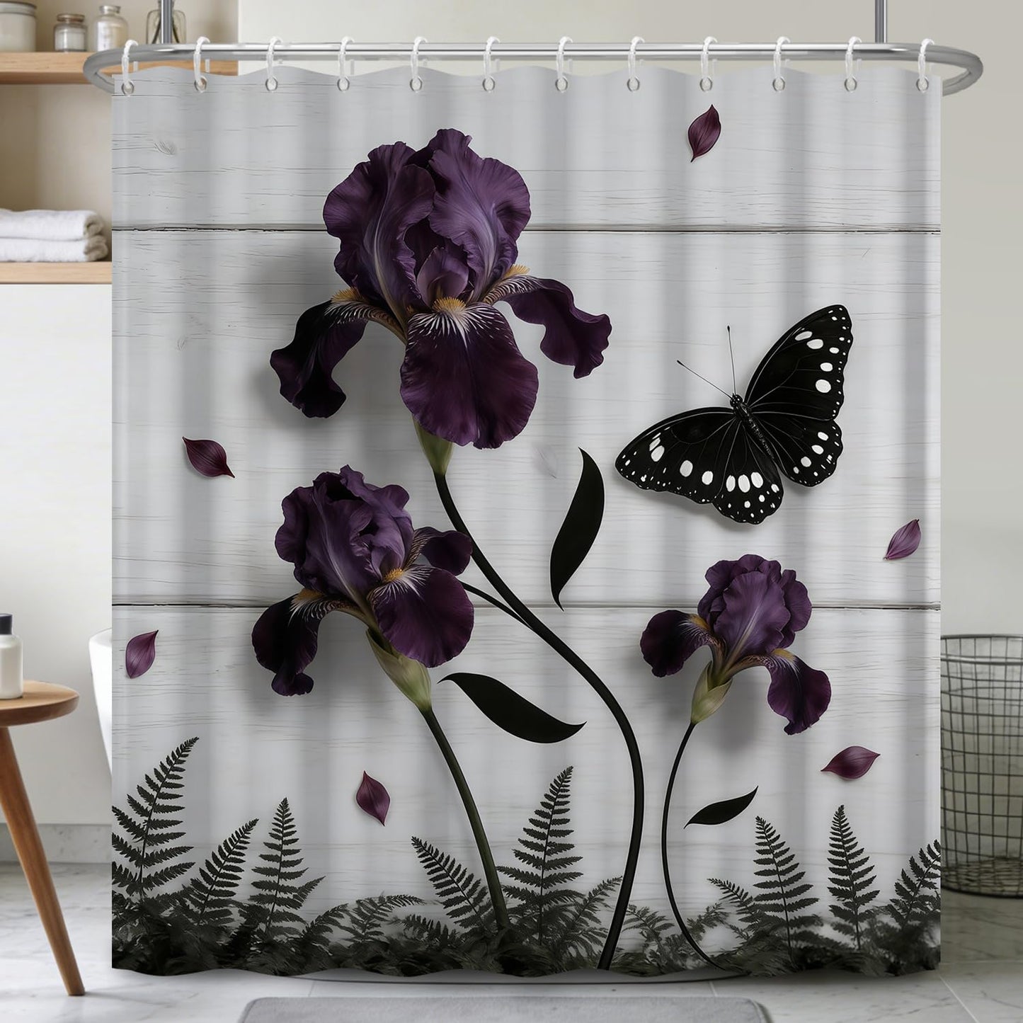 Xiazhilaio 71"x74" Floral & Butterfly Shower Curtain with Hooks – Moody Purple Flower & Botanical Print Waterproof Fabric Bath Curtain for Dark Academia Farmhouse Bathroom Decor