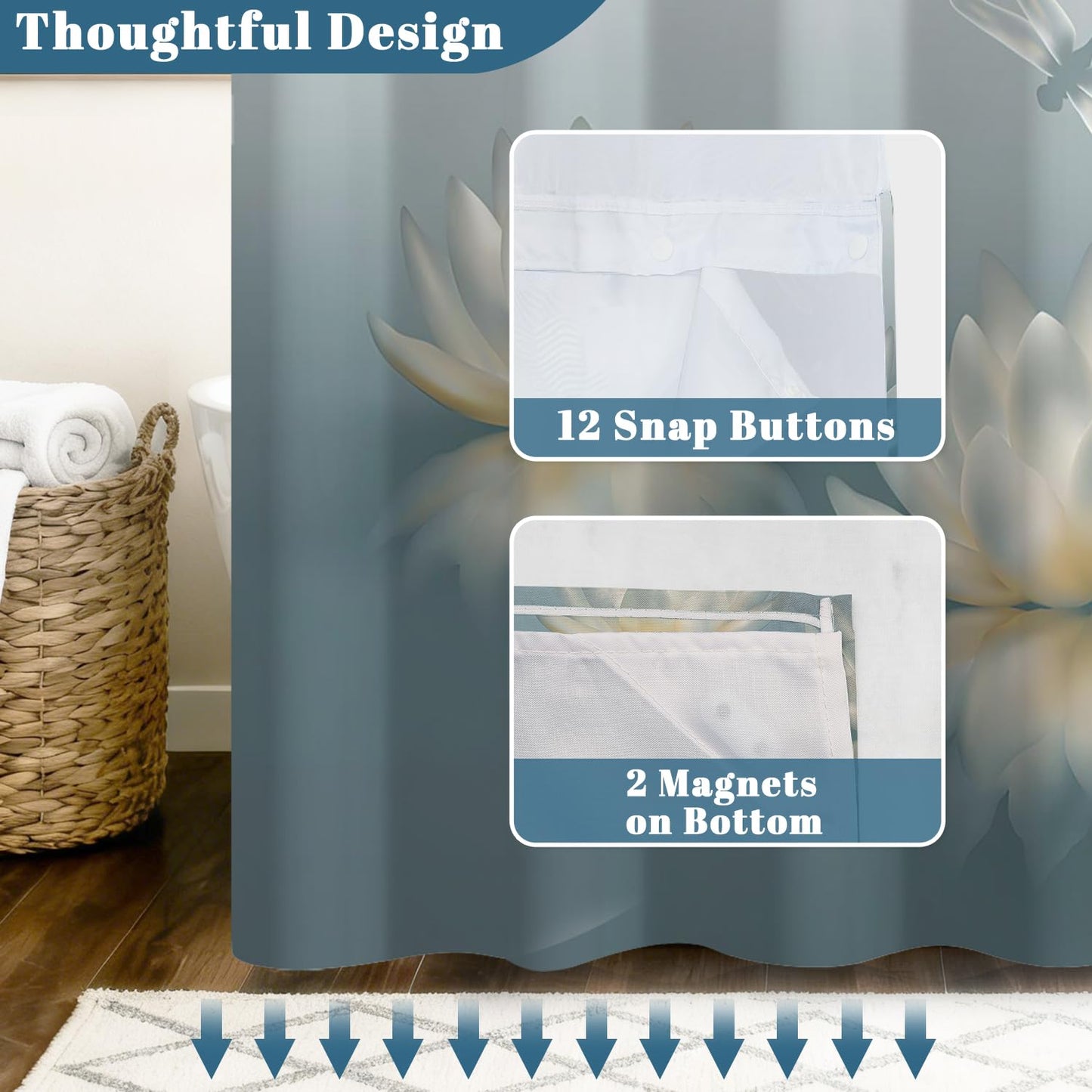Xiazhilaio No Hook Lotus Flower Shower Curtain with Snap in Liner - 71″W x 74″L Waterproof Fabric with Mesh Top Window, Zen Floral & Dragonfly Print Bath Curtain for Modern Spa Bathroom Decor