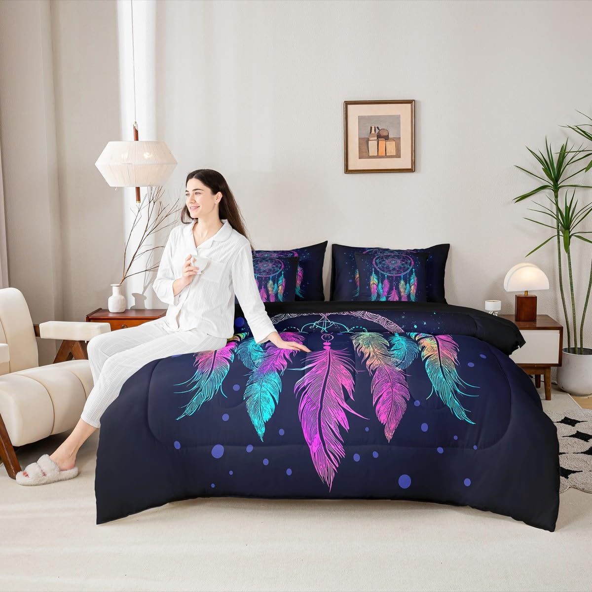 Erosebridal Dream Catcher 7 Piece Bedding Set King Tie Dye Comforter Set with Sheets Mandala Bohemian Feather Bed in A Bag Exotic Ethnic Tribal Hippie Style Bed Sets