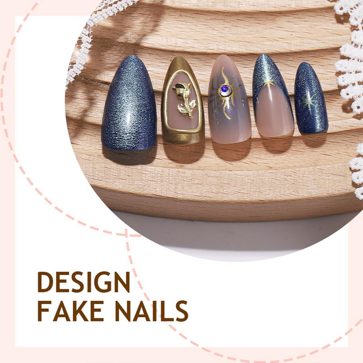 24Pcs Gold Rose Press on Nails Medium Almond Fake Nails with Blue Glitter French Tip Designs Gilding Spades K False Nails Full Cover Artificial Glue on Nails Star Stick on Nails for Women Acrylic DIY