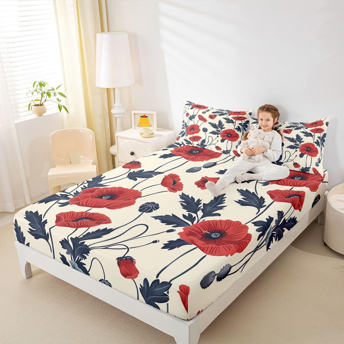 Feelyou Flower Bed Sheets Sets Queen Size Kids Boys Girls Red Floral Bedding Set Botanical Bed Sheet Set with 16-Inch Deep Pockets Spring Garden 4Pcs with 2 Pillow Cases Floral Flower Blossom Printed