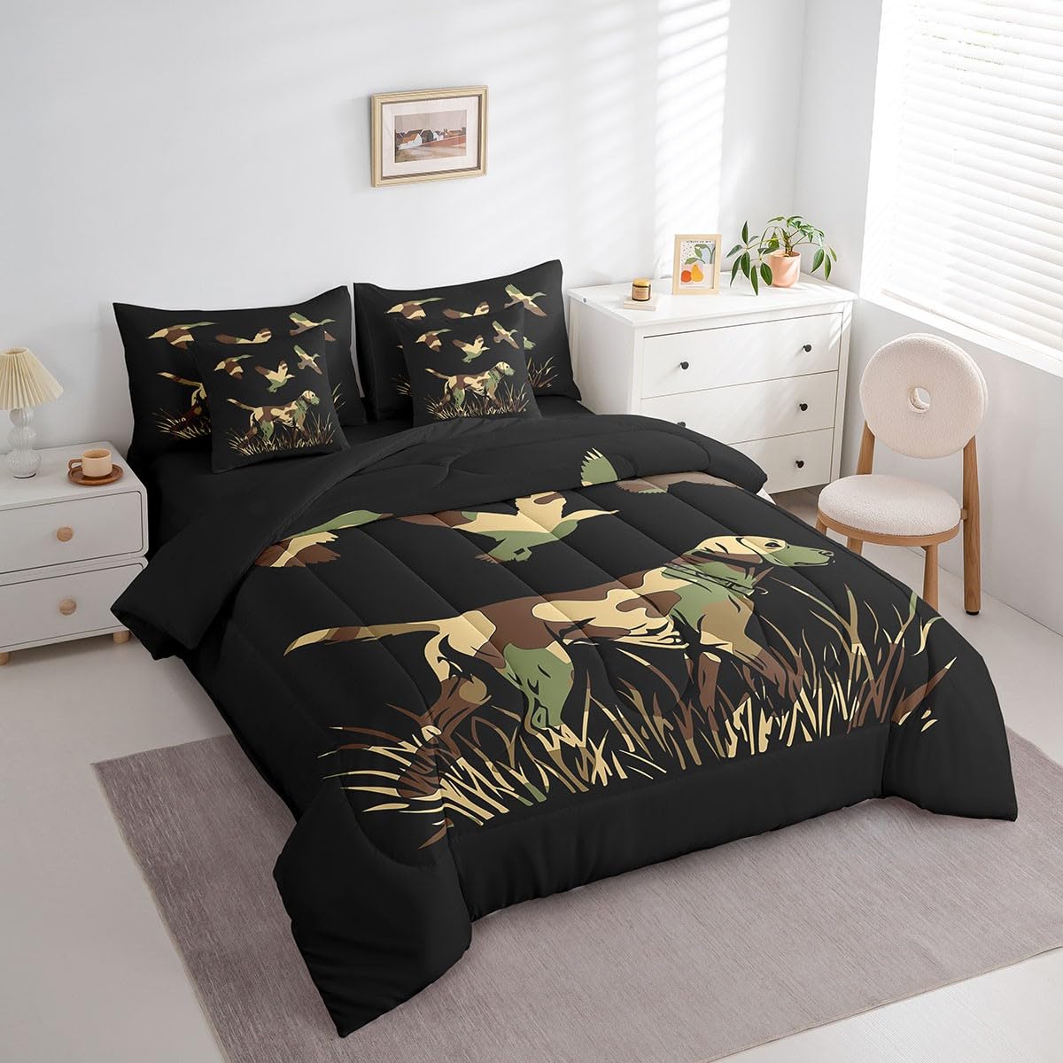 Feelyou Wild Duck Hunting 7 Piece Bedding Set Full Size for Boys Teens Kids Black Dog Hunter Comforter Set with Sheets Hunter Green Army Camouflage Farmhouse Theme Bed in a Bag Home Decor