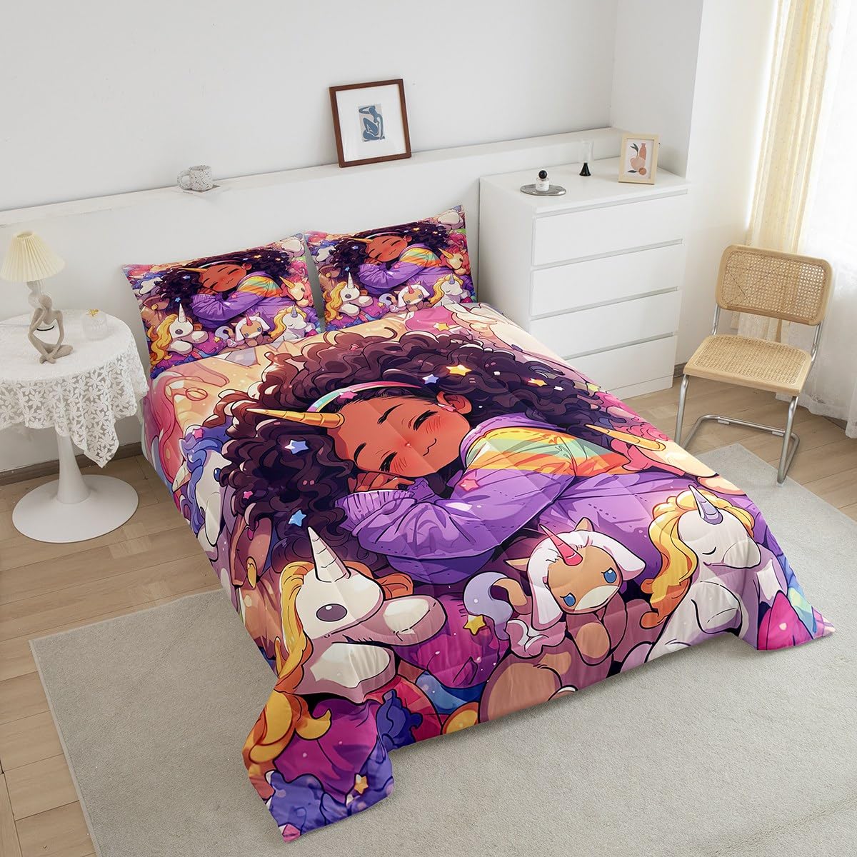 Black Girls Twin Comforter Set for Girls,Cartoon Unicorn Quilt American African Kids Bedding Set,Afro Hair Girl Princess Melanin Down Comforter Magical Animal Dreamy Horse Kawaii Room Decor