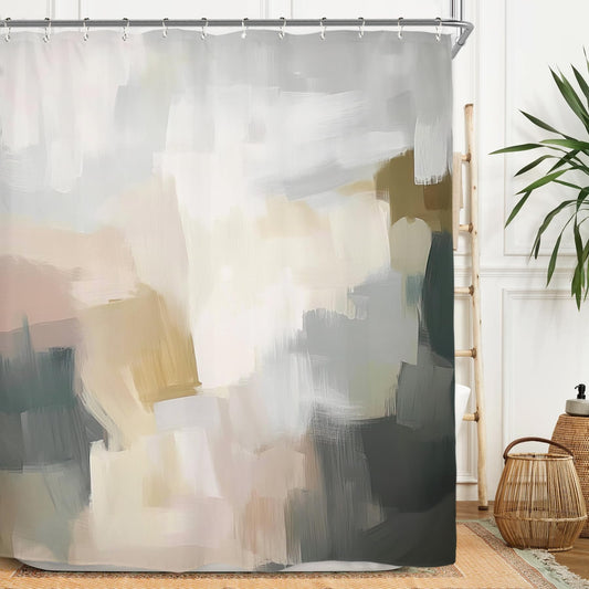 Miyotaa Abstract Modern Brushstroke Shower Curtain Set 60Wx71H Inches Minimalist Neutral Contemporary Aesthetic Oil Painting Simple Art Waterproof Bathroom Curtain with 12 Hooks