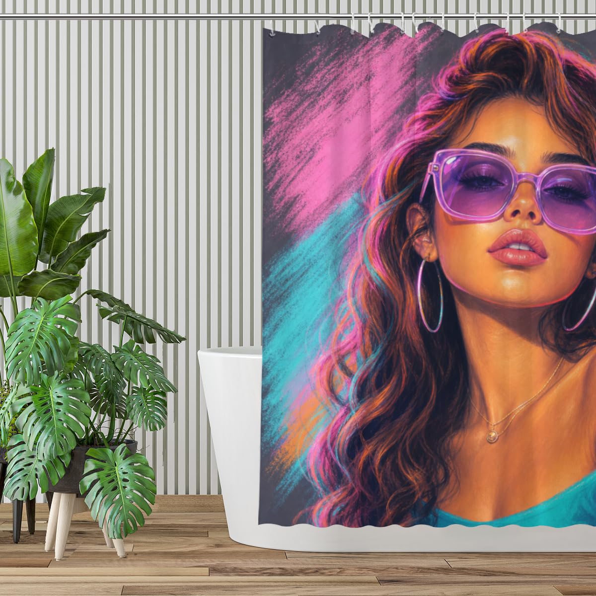 TopPacific Pink Hair Woman Shower Curtain 72x72 Inch Shower Curtain with 12 Hooks Polyester Woman Purple Sunglasses Pink Blue Hair Dark Background Bathroom Decor