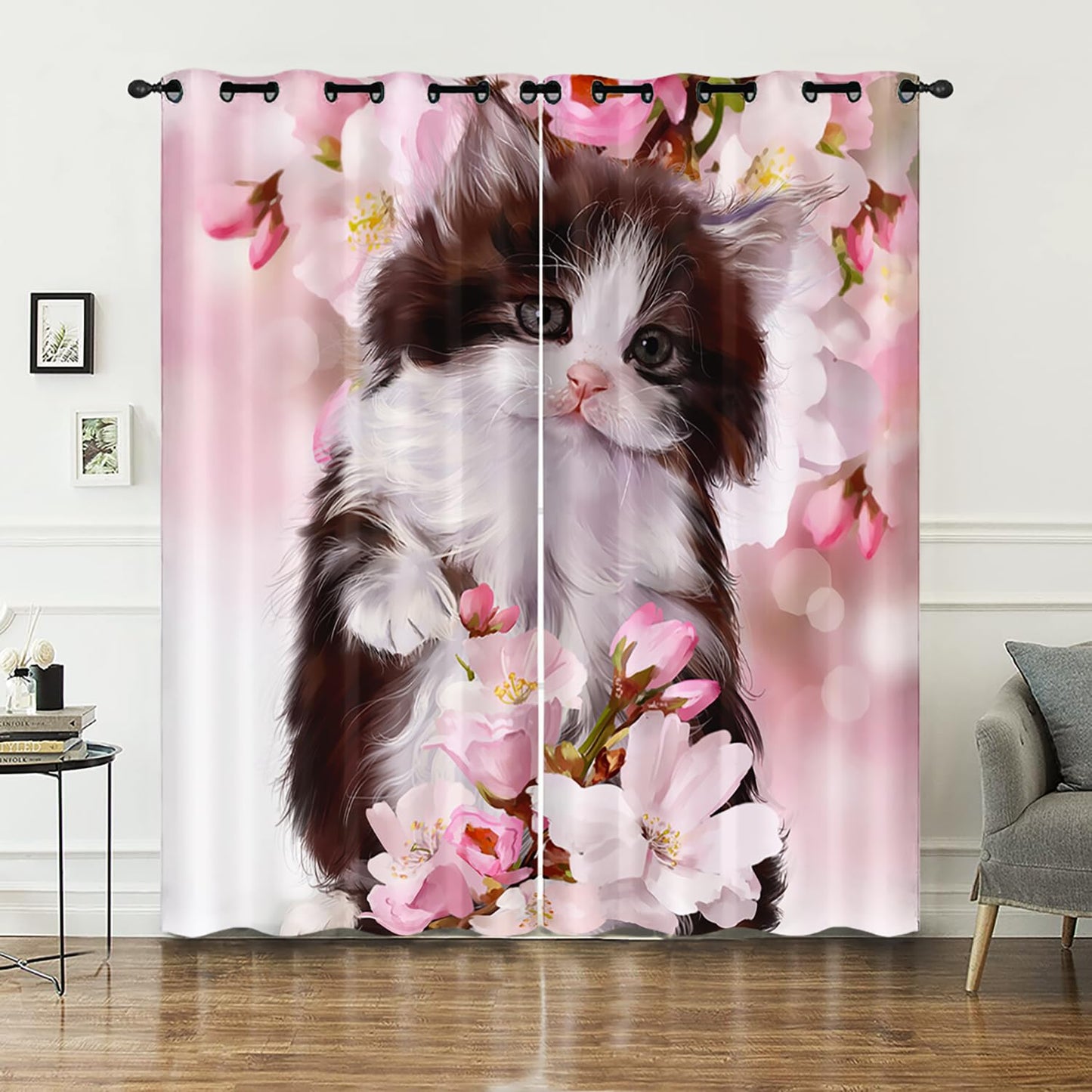 AILONEN Cute Kitten Window Curtain, 3D Cat Drapes Curtains for Bedroom Living Room,Pink Sakura Cow Cat Window Treatments Drapes for Kids Boys Girls, 38" W x 45" H 2 Panels