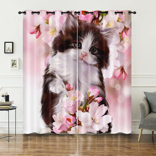 AILONEN Cute Kitten Window Curtain, 3D Cat Drapes Curtains for Bedroom Living Room,Pink Sakura Cow Cat Window Treatments Drapes for Kids Boys Girls, 38" W x 45" H 2 Panels