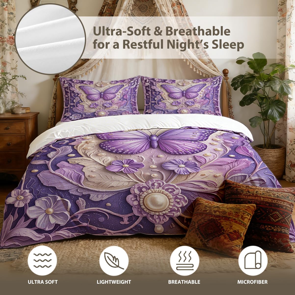 MILANKET Purple Butterfly Duvet Cover Set, Ornate Fantasy Floral Bedding with Lavender Gradient, Soft Microfiber Zipper Closure and Corner Ties for Romantic Bedroom Decor, 3 Piece Twin