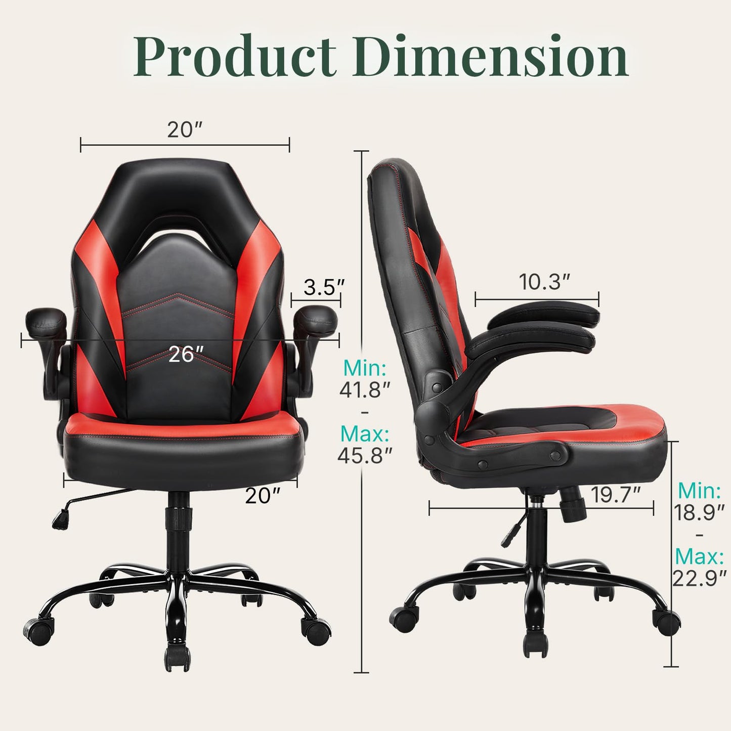 HAPPYMONT Ergonomic Computer Gaming Chair with Flip-up Armrest, Height Adjustable PU Leather Home Office Desk Chair with Lumbar Support Swivel Wheels and for Adults and Kids, Scarlet Red
