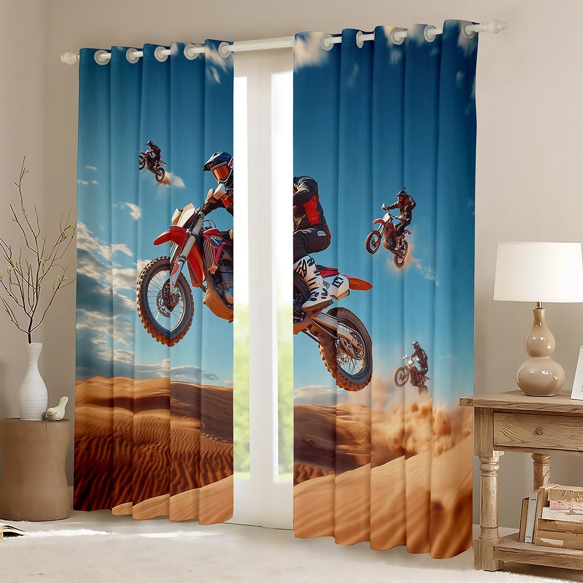 Feelyou Dirt Bike Curtains for Bedroom Living Room (2 Panels, 42 x 84 Inch) Racing Themed Room Blackout Curtain Racing Motocross Rider Blackout Curtains Extreme Sports Window Treatments