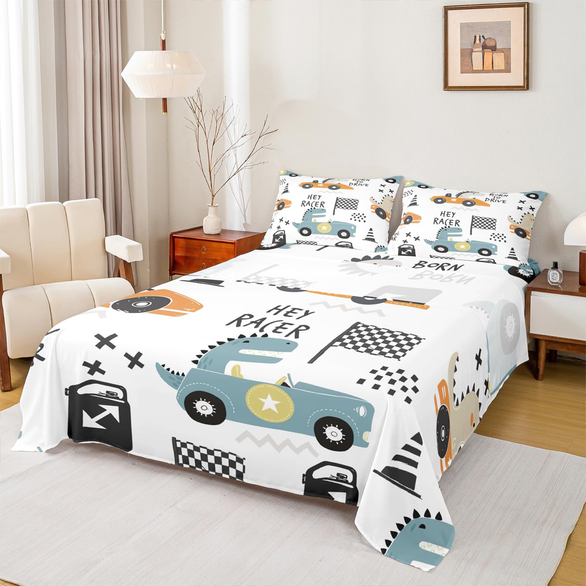 Cartton Car Kids Sheet Set Racing Sports Game Bed Sheets Set Decor Cute Dinosaur Racer Sheets with Deep Pocket Fitted Sheet Gift for Racing Lover White Blue Bedding Set Bedroom Quilt Cover 4Pcs Full