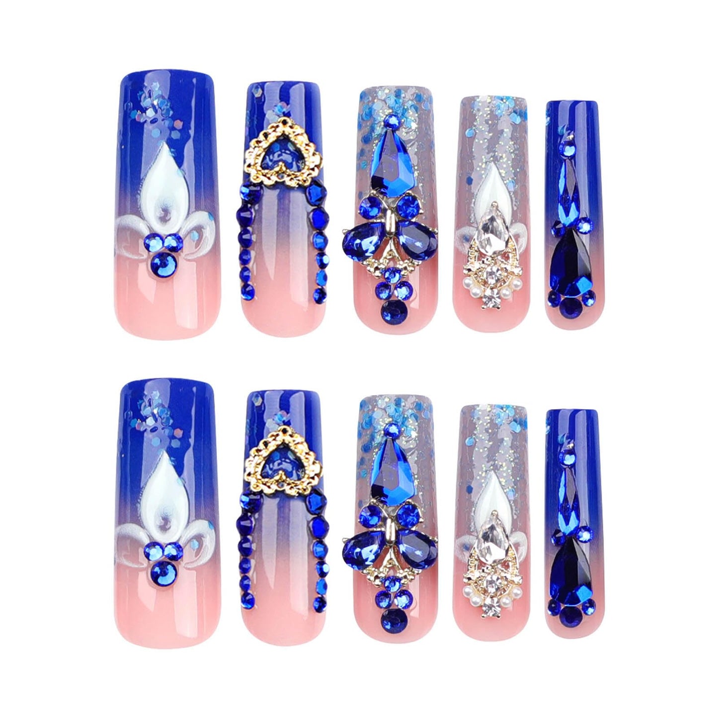 RTKHFZE Extra Long Press on Nails Square Fake Nails French Tip Acrylic False Nails with Blue Gradient Nails Designs with Rhinestones and Flower Artificial Nail Full Cover Glue on Nail for Women