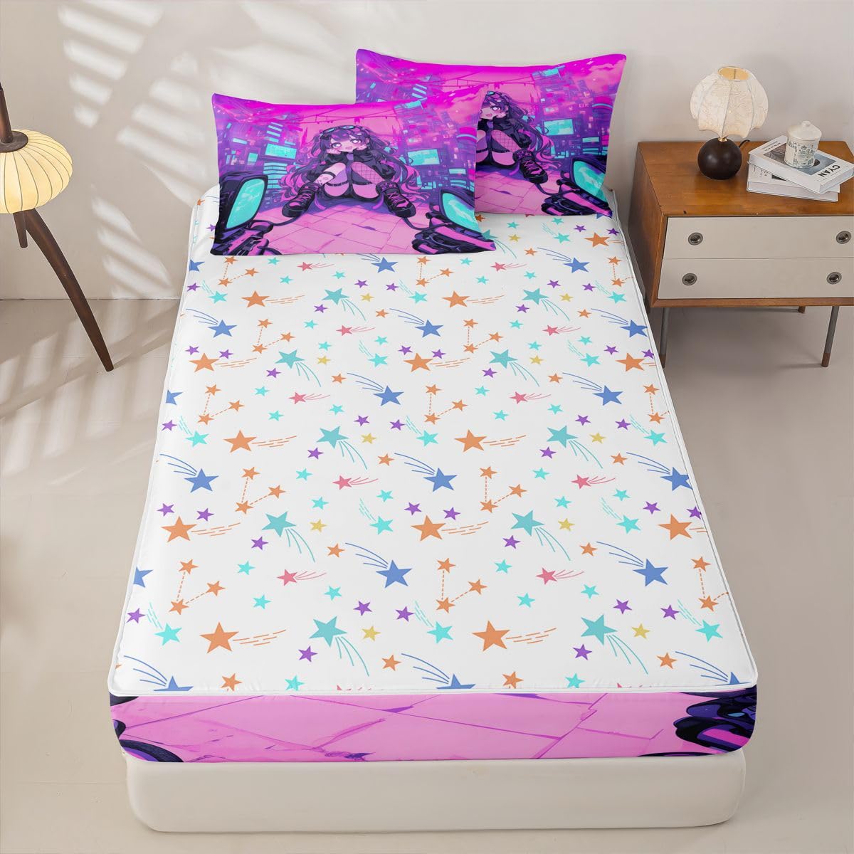 Erosebridal Fashion Girls Kids Comforter Set with Zipper, Japanese Girl Twin Size Zipper Bedding Set, Girly 3D Gaming Bed-in-A-Bag