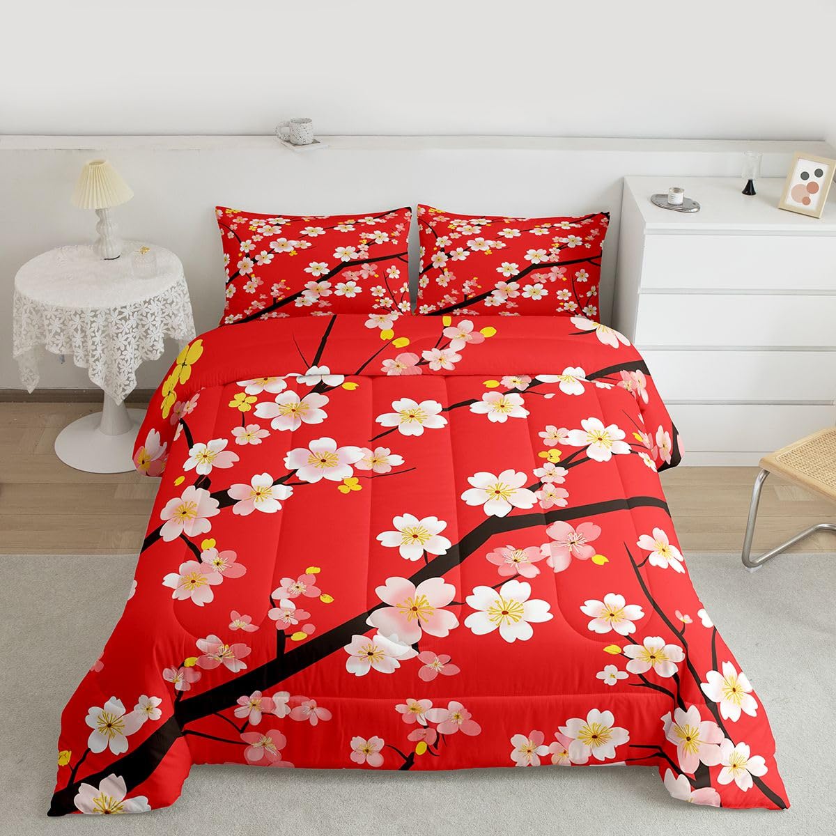 jejeloiu Cherry Blossom Kids Comforter Set Queen Size Japanese Style Bedding Set Chinese Ink Painting Duvet Quilt for Kids Boys Girls Bedroom Plum Blossom Decor Microfiber Ultra Soft Breathable