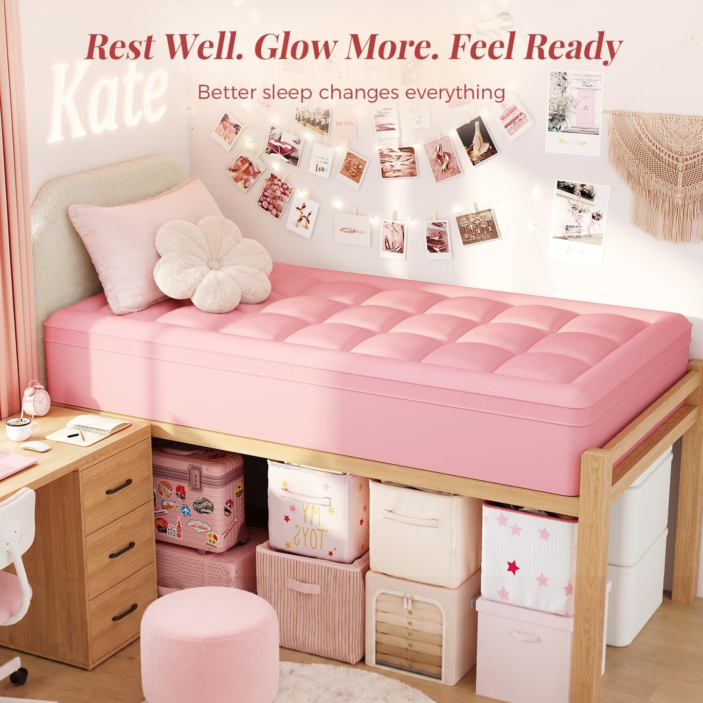 ELEMUSE 4 Inch Pink Dorm Twin XL Dual Layer Memory Foam Mattress Topper College Essentials for Girls, 2 Inch Cooling Gel Foam with 2 Inch Plush PillowTop, Aesthetic Pressure Relief Comfortable Support