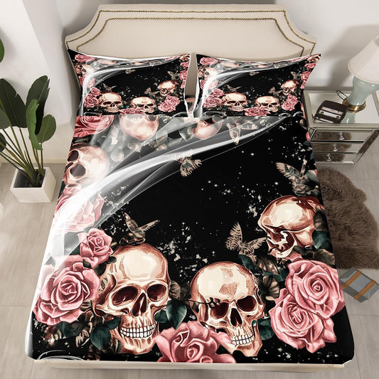 Feelyou Rose Skull Fitted Sheet Gothic Skull Bedding Set for Kids Boys Girls Children Horror Skeleton Design Bed Sheet Set Ultra Soft Decor Retro Vintage Bed Cover Twin Size