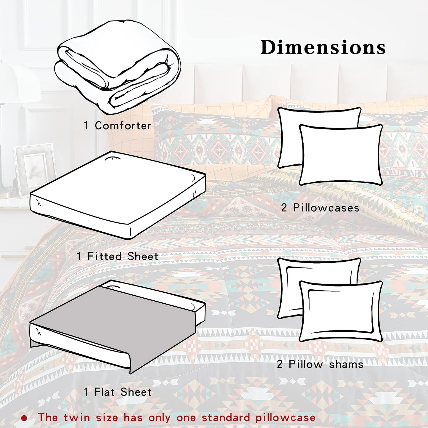 Flysheep 7 Pieces Boho Bed in a Bag Queen Size, Southwestern Bohemian Tribal Striped Printed, Reversible Bed Comforter Set (1 Comforter, 1 Flat Sheet, 1 Fitted Sheet, 2 Pillow Shams, 2 Pillowcases)