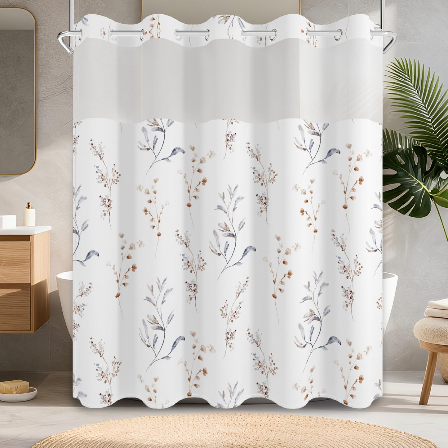 No Hook Shower Curtain with Snap in Fabric Liner Set, Waterproof & Washable, Boho Beige Floral Shower Curtains for Bathroom, Elegant Neutral Modern Hotel Botanical Flower Bathroom Curtain, 71x74 inch
