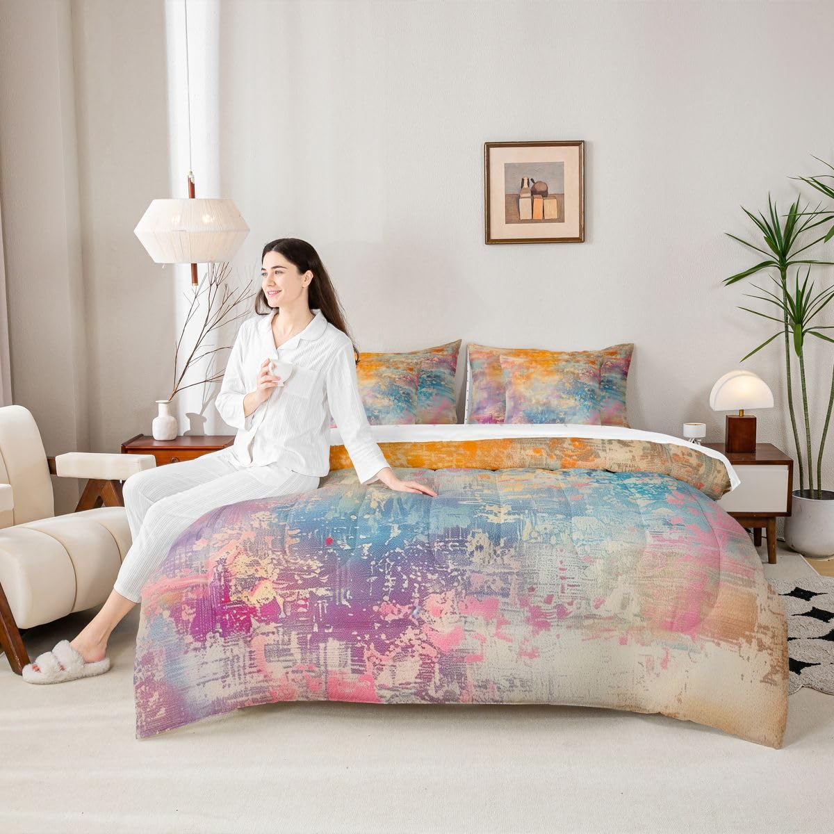 Erosebridal Grey Blue Queen Comforter Set Grunge Ombre Geometric 7 Pieces Bedding Oil Painting Bed Set with Sheets Modern Abstract Graffiti Art Bed in A Bag Bedroom Decor