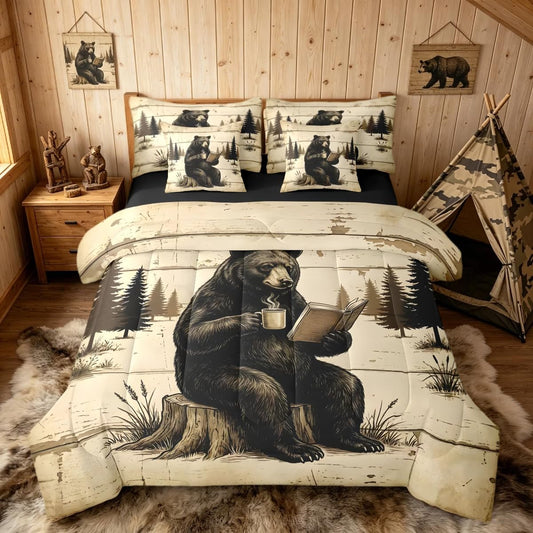 Feelyou Bear Comforter Set Twin Size 7 Pieces Rustic Cabin Country Bedding Set for Kids Boys Girls Lake Life Bed in a Bag with Comforter, Sheets, Pillowcases, Cushion Covers Wild Animal Bedroom Decor
