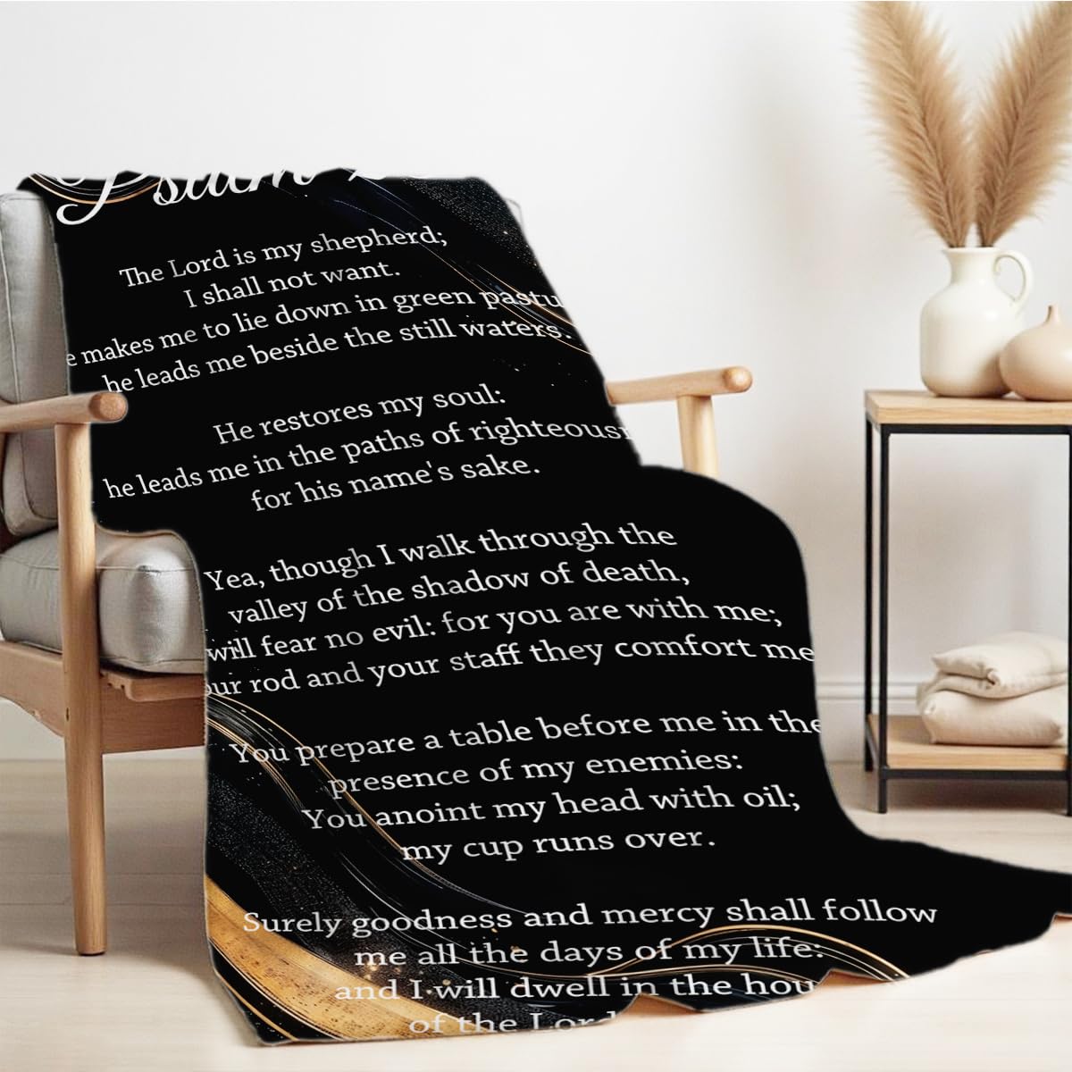 HUNXIAOJ Psalm 23 Blankets and Throws Bible Verse Christian Throw Black Gold Flannel Blanket Inspirational Gifts Christian Decor for Bed Couch Home 49"x59"