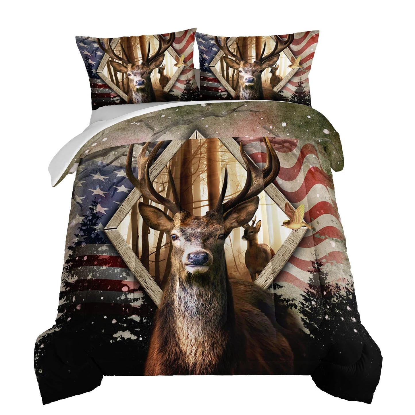 HOSIMA Hunting Bedding Sets 3Pcs Deer Comforter with 2 Pillowcases,Western Farmhouse Animal Hunting Stars Stripes USA Flag Full Size Comforter for Teen Boys Mens Bedroom Essentials RV Inside Decor.