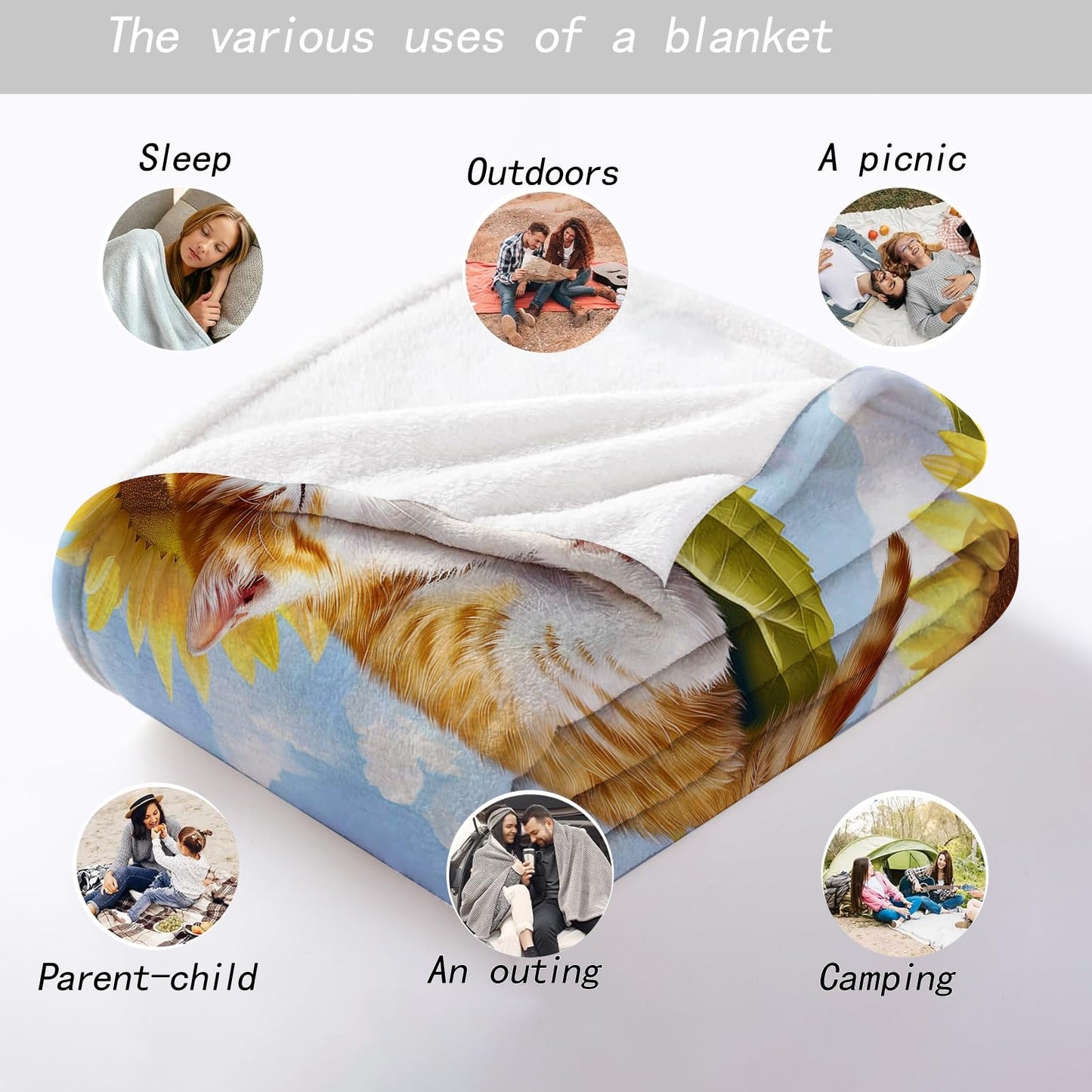 MIEPOS Sunflower Slumber Cat Throw Blanket - Ultra Soft, Cozy, Lightweight Flannel - Warm, Plush, Fuzzy Decor for Couch, Office, Travel - Fluffy, Cute Cat and Flower Design 50×60 Inch