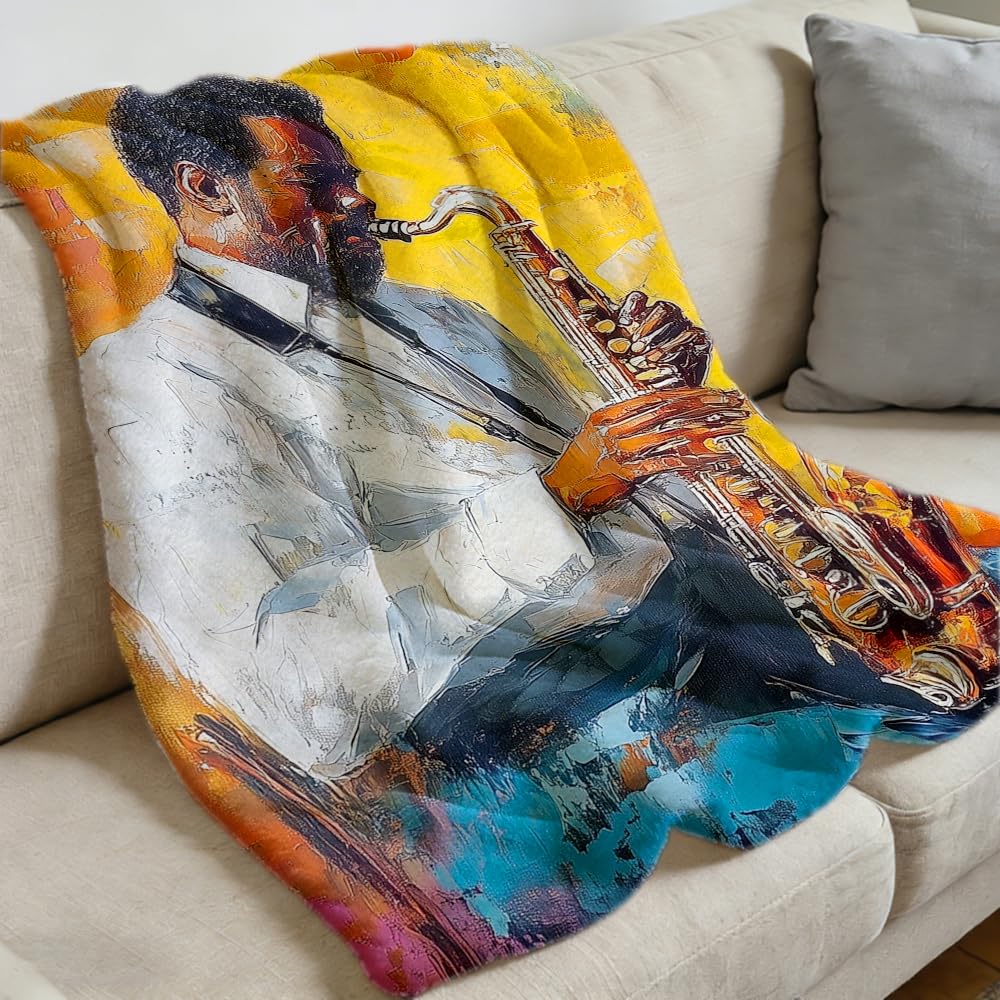 ZHOUSHUTONG African American Music Throw Blanket Black Music Print Super Soft Warm Cozy Flannel Blanket for Couch Bedroom Office Home Decor Gift for Music Lovers 49"x59"
