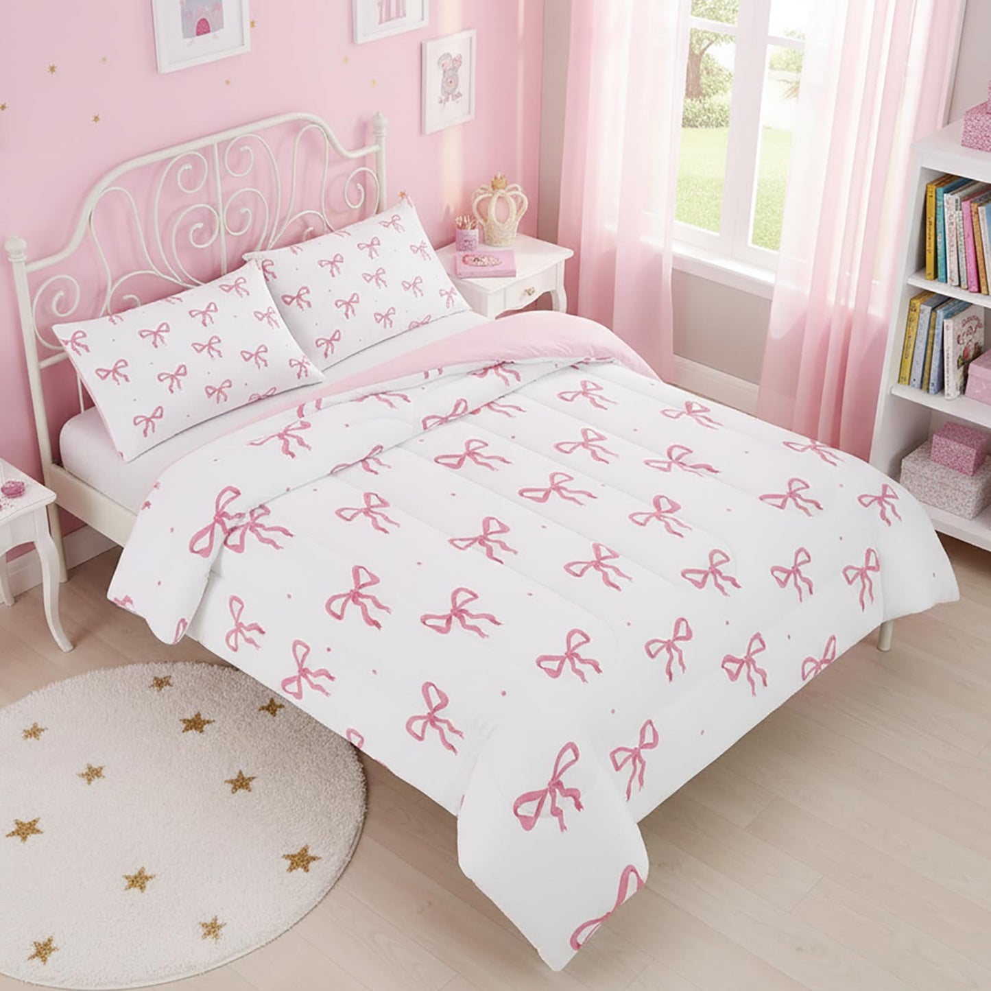 QOOMO 3Pcs Bow Comforter Set Twin,Pink Bow Bedding Set for Teens Boys Girls,Bowknot Printed Comforter with 2 Pillowcases,Down Alternative,Soft and Lightweight