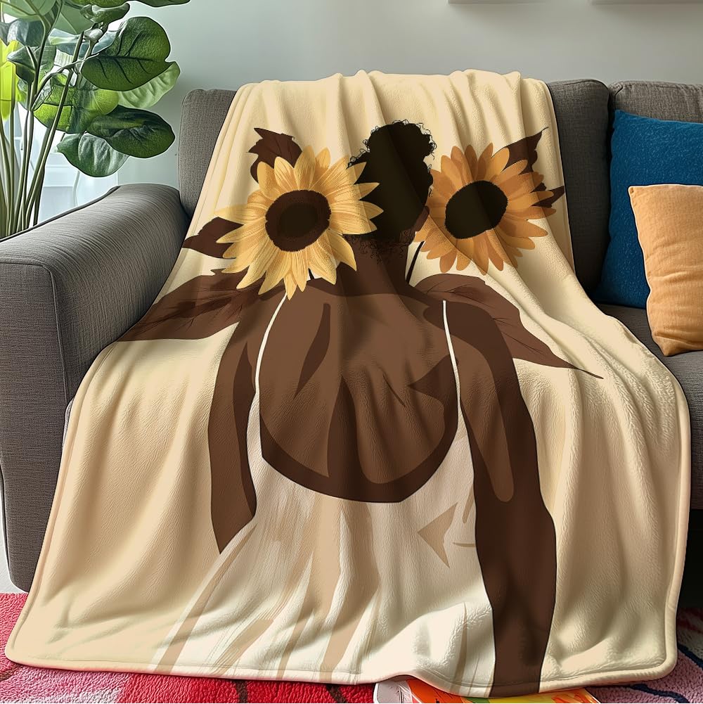 HUNXIAOJ African American Gifts for Women Black Girl Blanket Boho Print Blanket African American Decor Warm Soft Flannel for Girls Woman Teens Adults Bed Sofa Couch (50 in x 60 in)