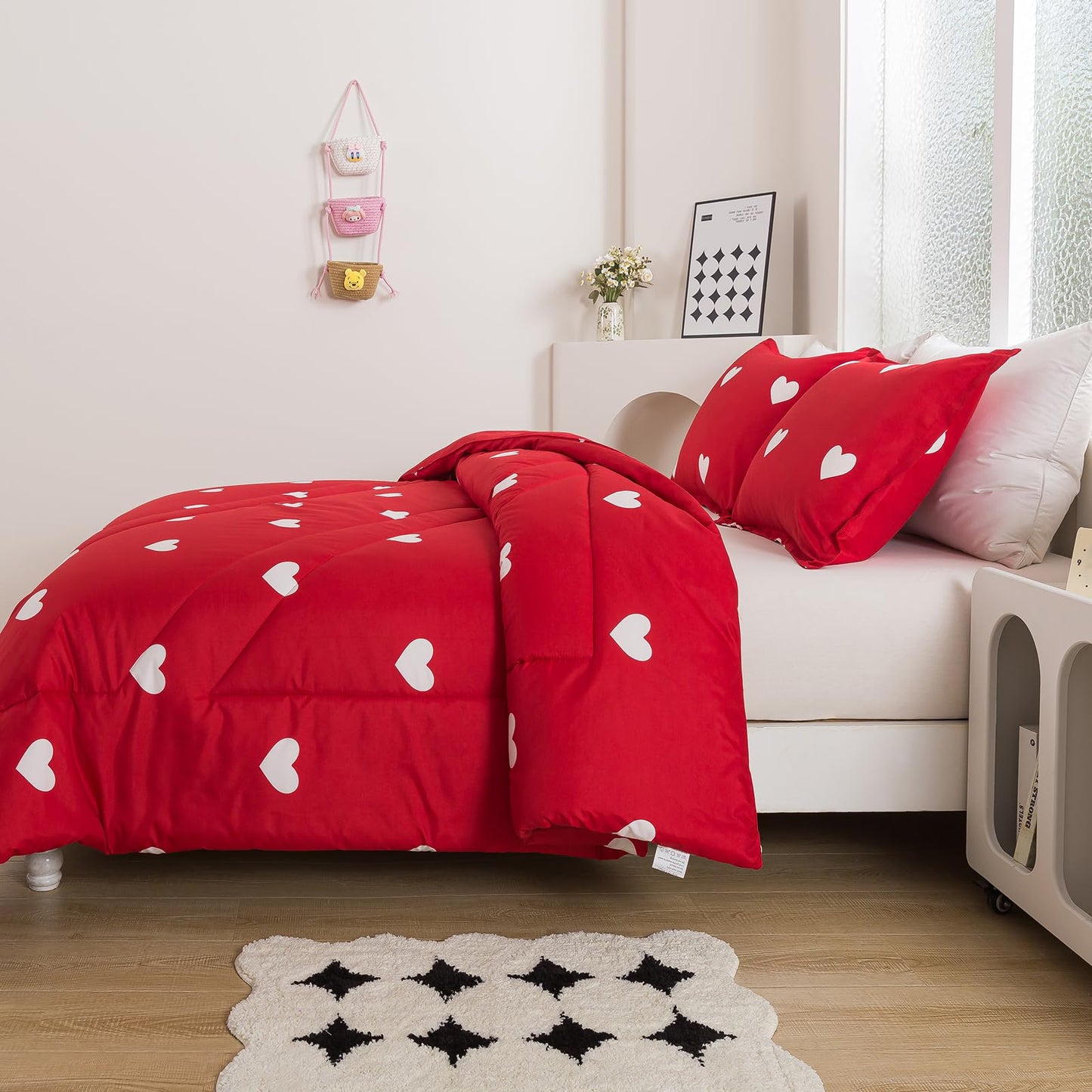 Caressma Love Comforter Set Twin Size - Cute White Heart Print Red Bedding Comforter with Matching Pillowshams
