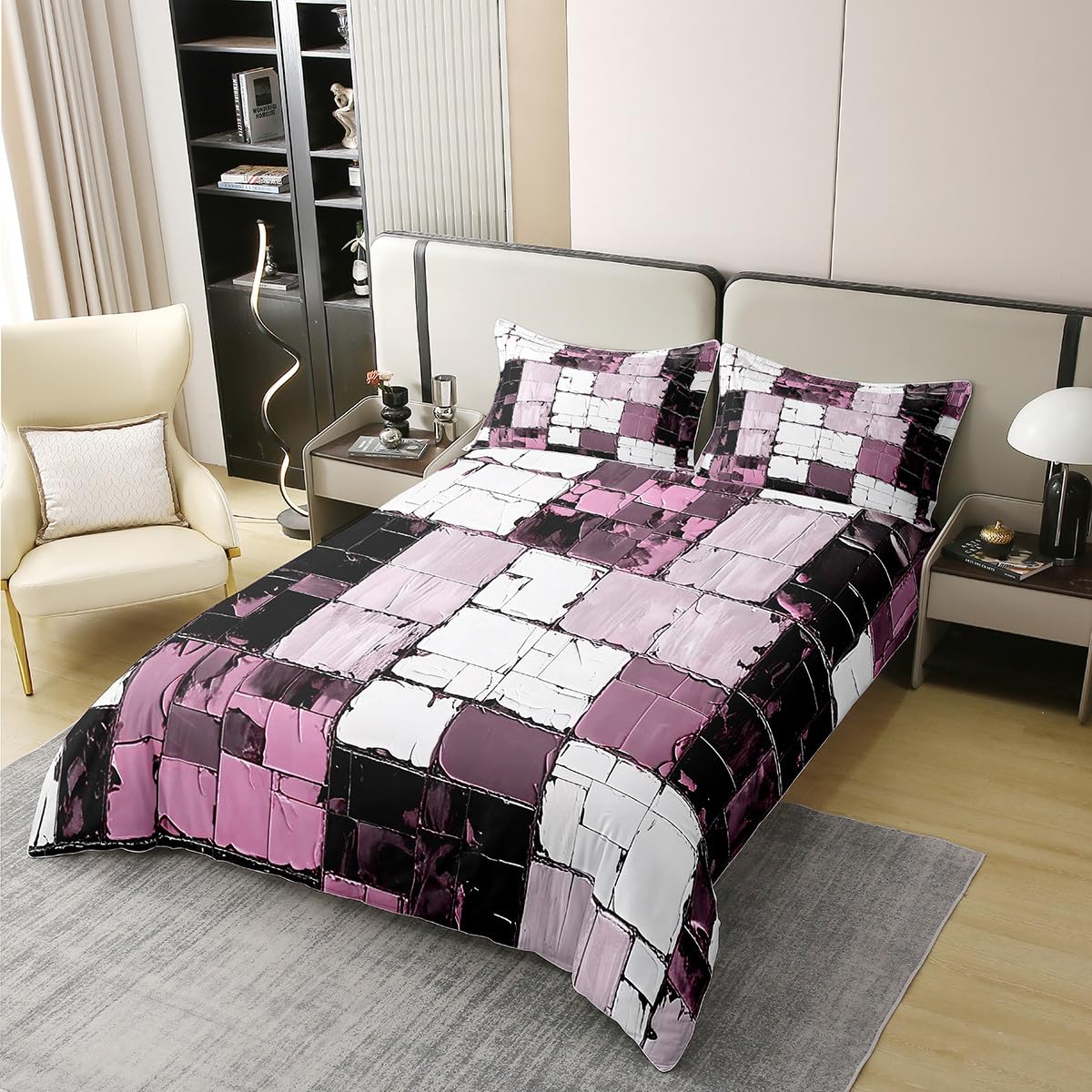 jejeloiu Pink Black Abstract Bedding Set Queen Size Geometric Minimalist Square Duvet Cover 100% Cotton for Boys Girls Modern Abstract Art Comforter Cover（No Comforter）