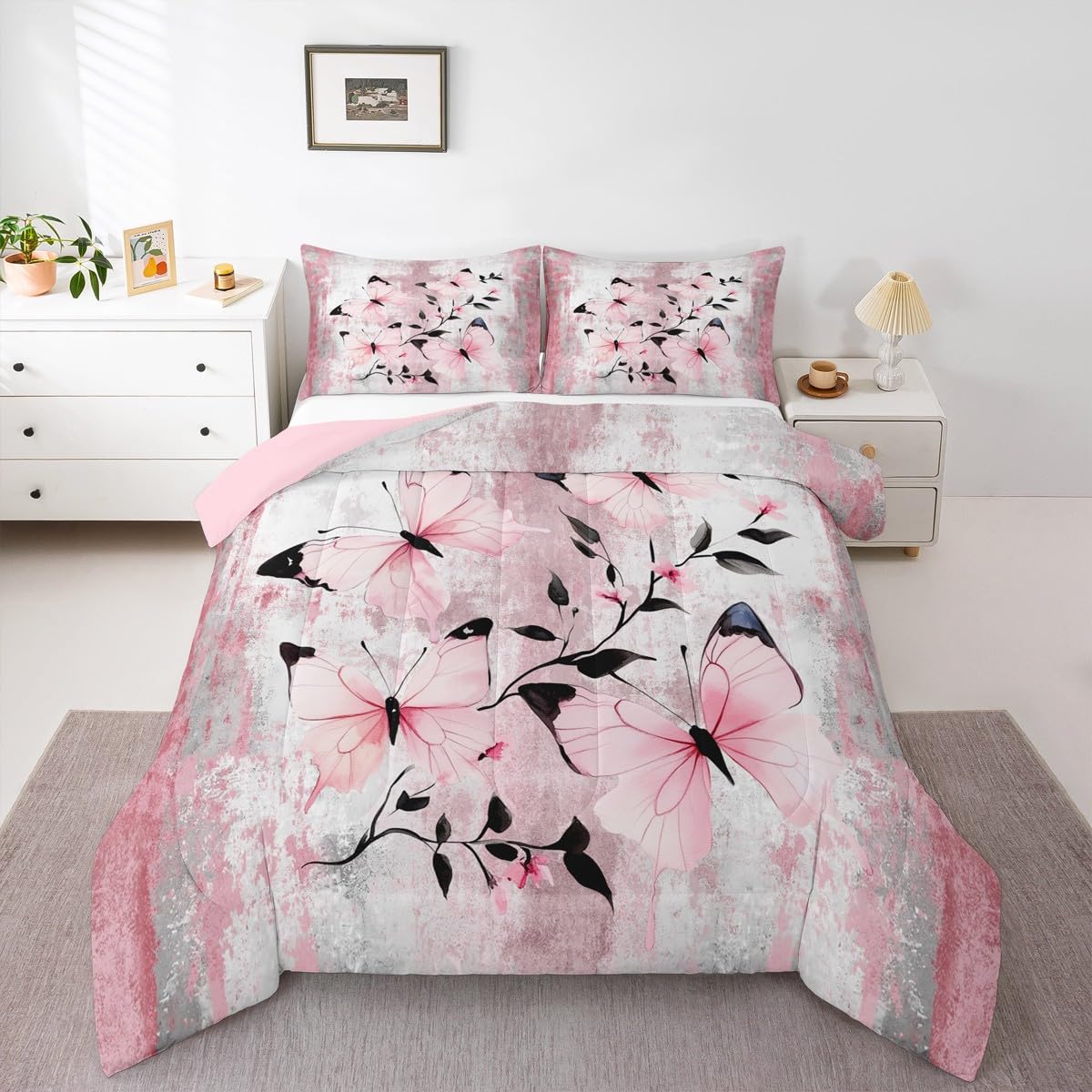 Erosebridal Abstract Oil Painting Queen Comforter Set Rustic Farmhouse Bedding Set Watercolor Butterfly Bed Set Ombre Pink Butterflies Quilt Set for Women Girls Adults