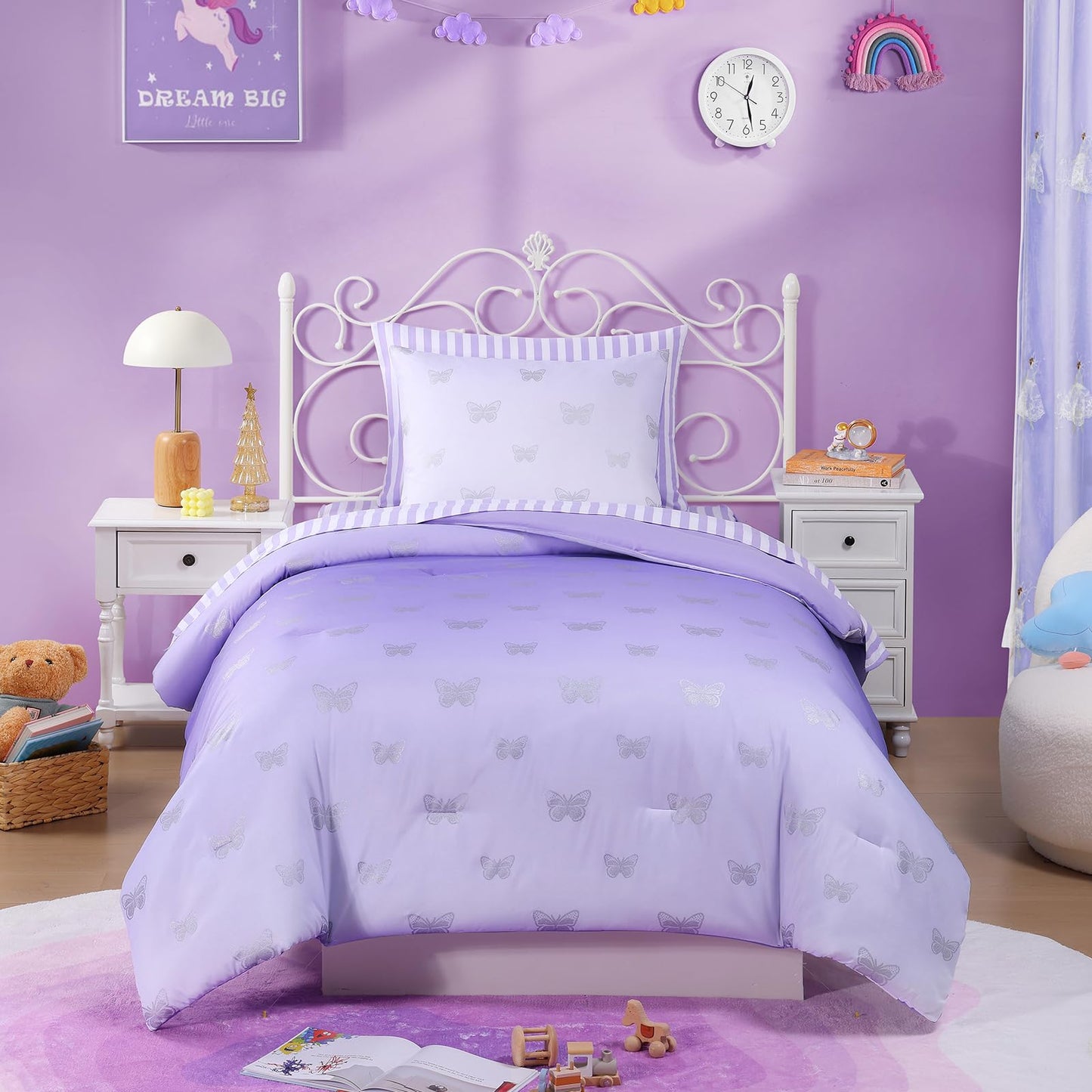 Wink Deer Twin Comforter Set with Sheets for Girls-5 Pieces Twin Bedding Sets with with Purple White Gradient Ombre Comforter, Sheets, Pillowcases & Shams for Kids (Silver Butterfly, 66" X 86")