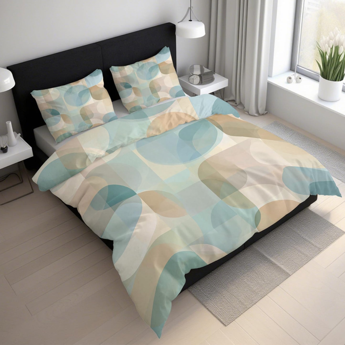 Abstract Geometry Duvet Cover Twin Size, Mid Century Modern Bedding Set 2 pcs with 1 Pillow Cover, Geometric Bedroom Decor, Soft Microfiber Reversible, Zipper & Ties KJJT 15