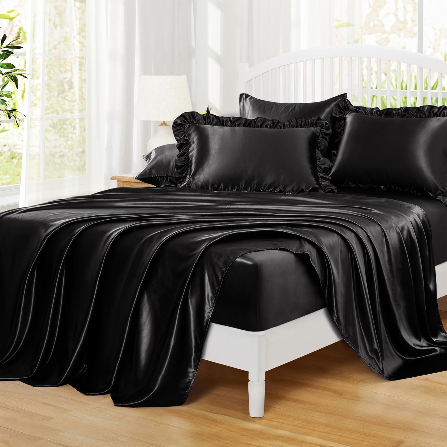 Homiest Ruffled Satin Sheets Full Size 6pc Set - Black Bed Sheet Set with 15 Inch Deep Pocket Fitted Sheet, 1 Flat Sheet, 2 Ruffled Pillow Shams & 2 Pillowcases, Similar to Silk Sheets