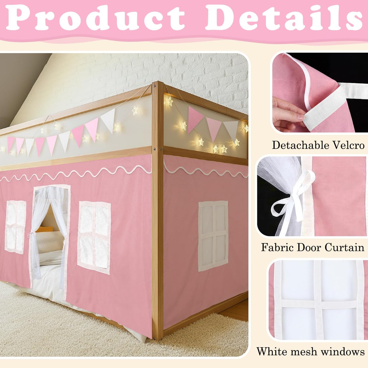 Breling 3 Panel Bunk Bed Curtains for Bottom Loft Bed Tent Set with Felt Flag Double-Layer Twin Bunk Curtains Playhouse Accessories for Boy Girl Bedroom(Pink and White,Classic)
