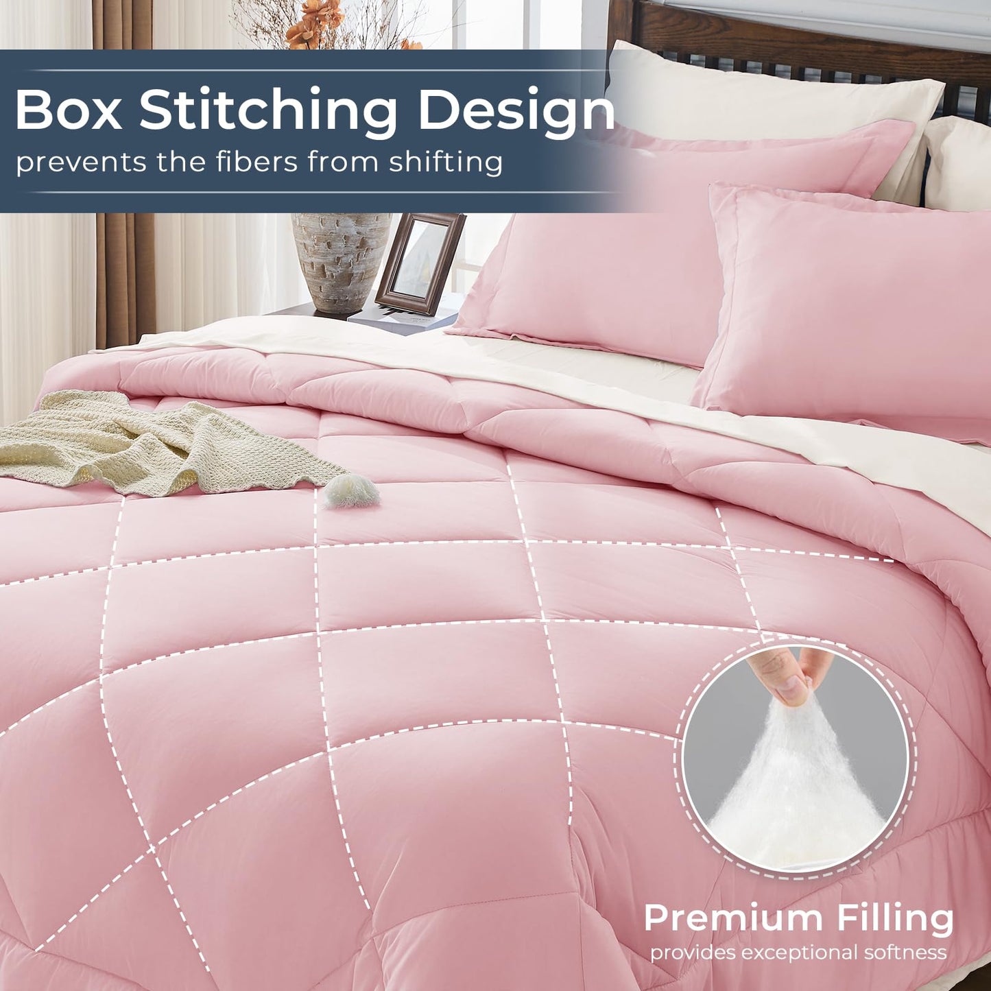 HEVUMYI Queen Comforter Set - 7-Piece All Season Bed in a Bag Queen, Ultra Soft Bedding Set with Comforter, Flat Sheet, Fitted Sheet, Pillowcases, Pillow Shams, Pink & Ivory