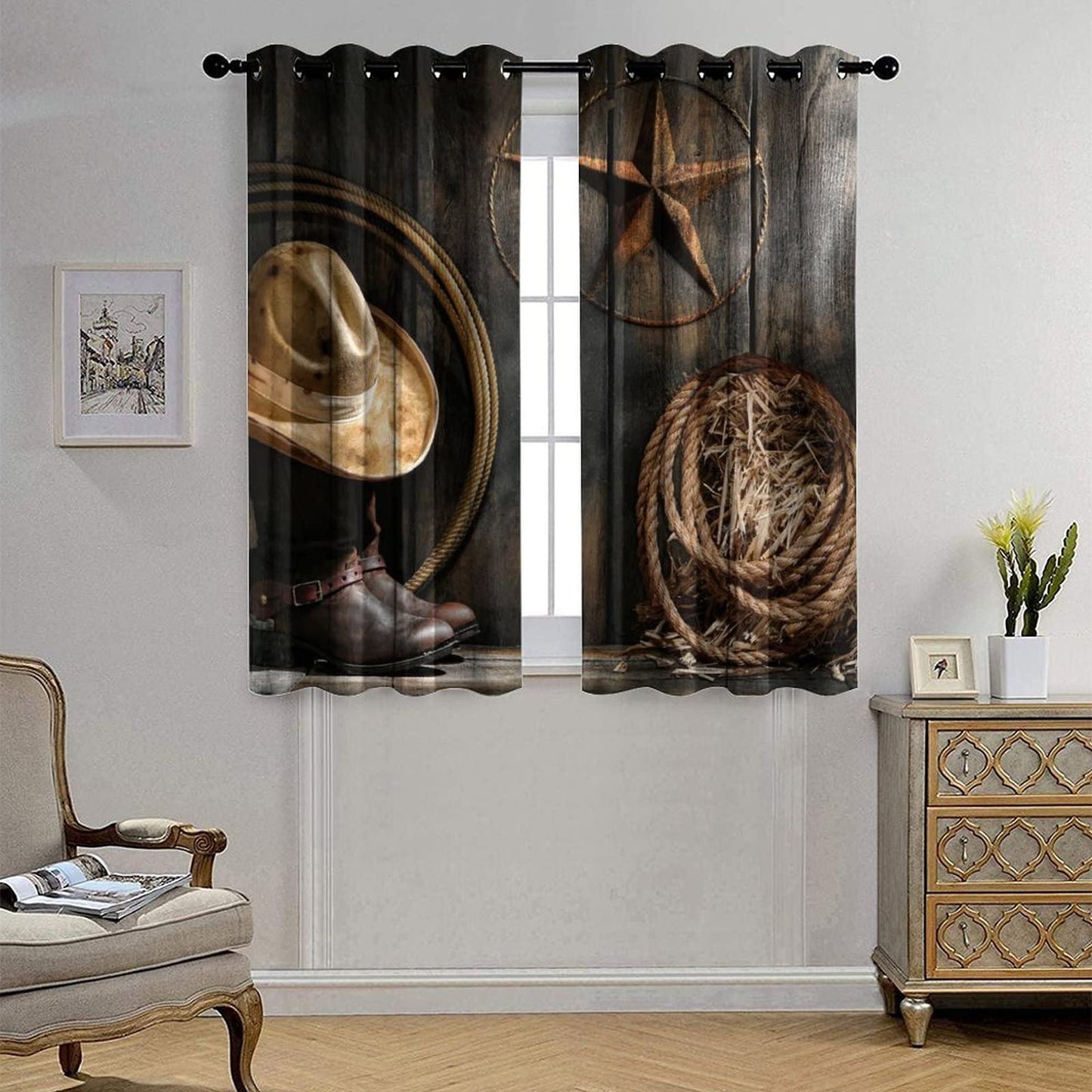 Western Farmhouse Room Darkening Blackout Window Curtains with Grommets,Rustic Cowboy Leather Boots Texas Star Hat on Wooden Energy Efficient Window Treatment for Living Room 2 Panels 63L x 27.5W