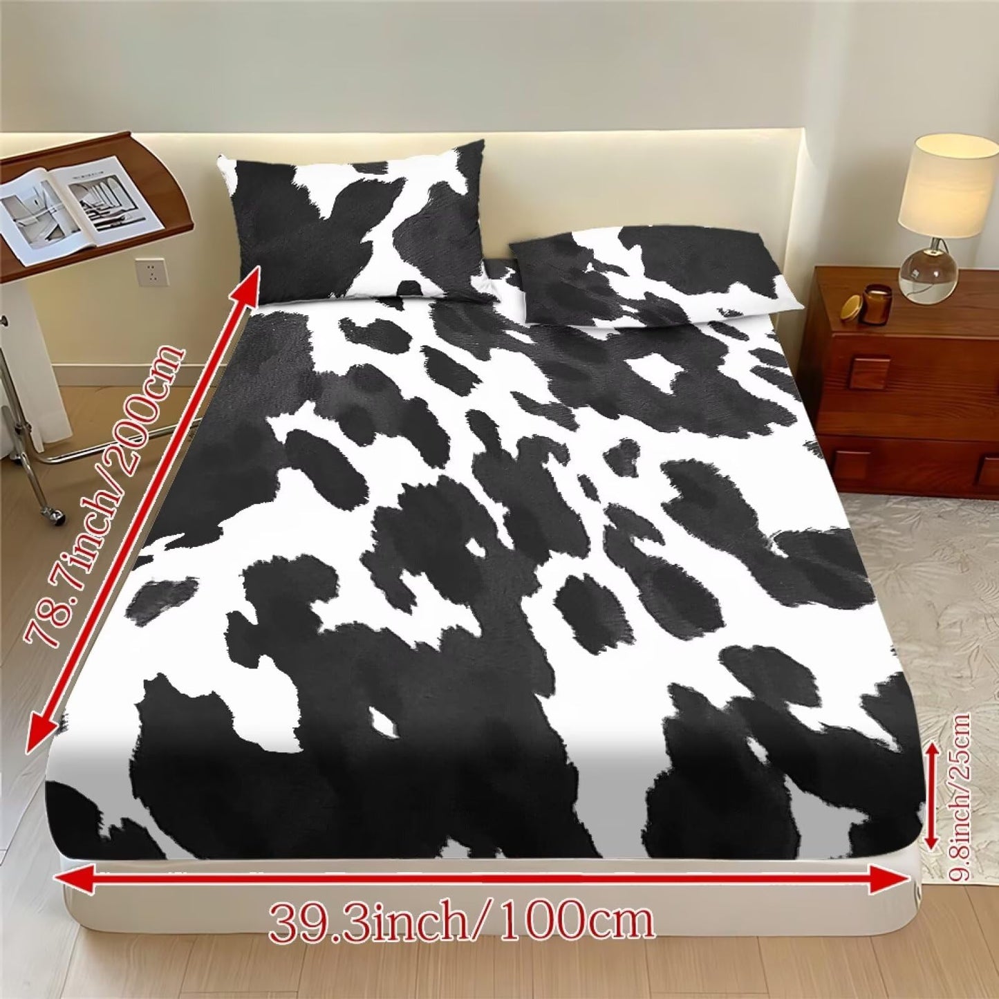ZDCUSTOM Cow Print Sheet Sets of 3 Twin XL Size Soft Classic Fitted Sheet with 2 Pillowcases Easy Care Non-Slip Bedsheet for Twin XL Size Bed Stylish, 39" x 79"