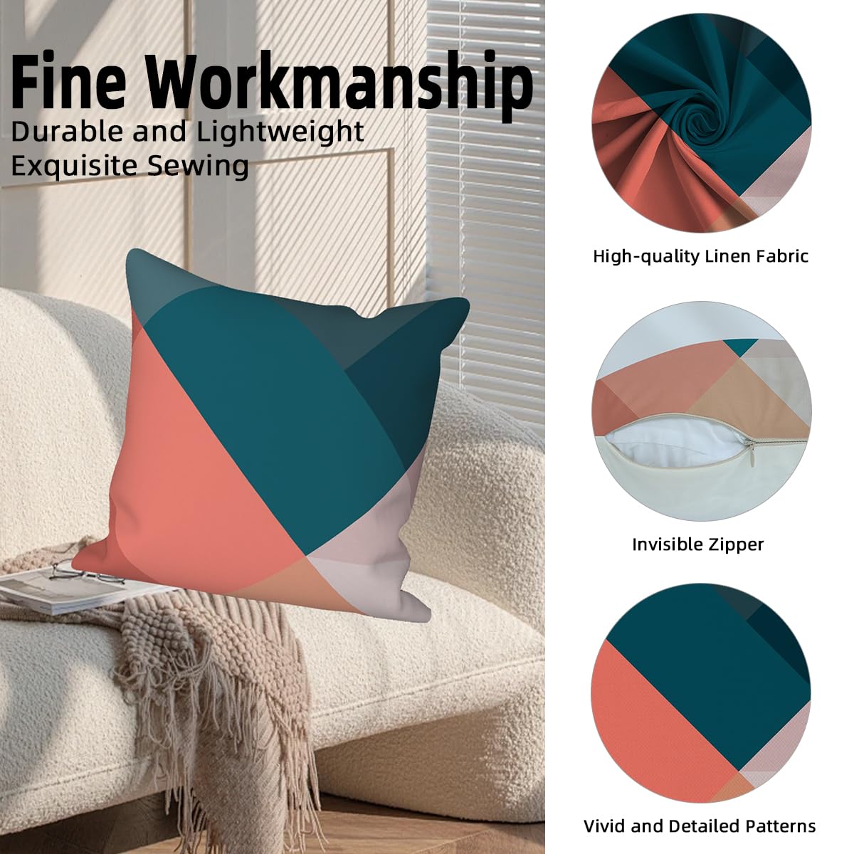 Vie Savaran Geometric Throw Pillow Covers Colorful Geometry Strip Patchwork Sun Abstract Mid Century Modern 18x18 Set of 4 Linen Cushion Covers for Outdoor Couch Sofa Bedroom Patio Livingroom Garden