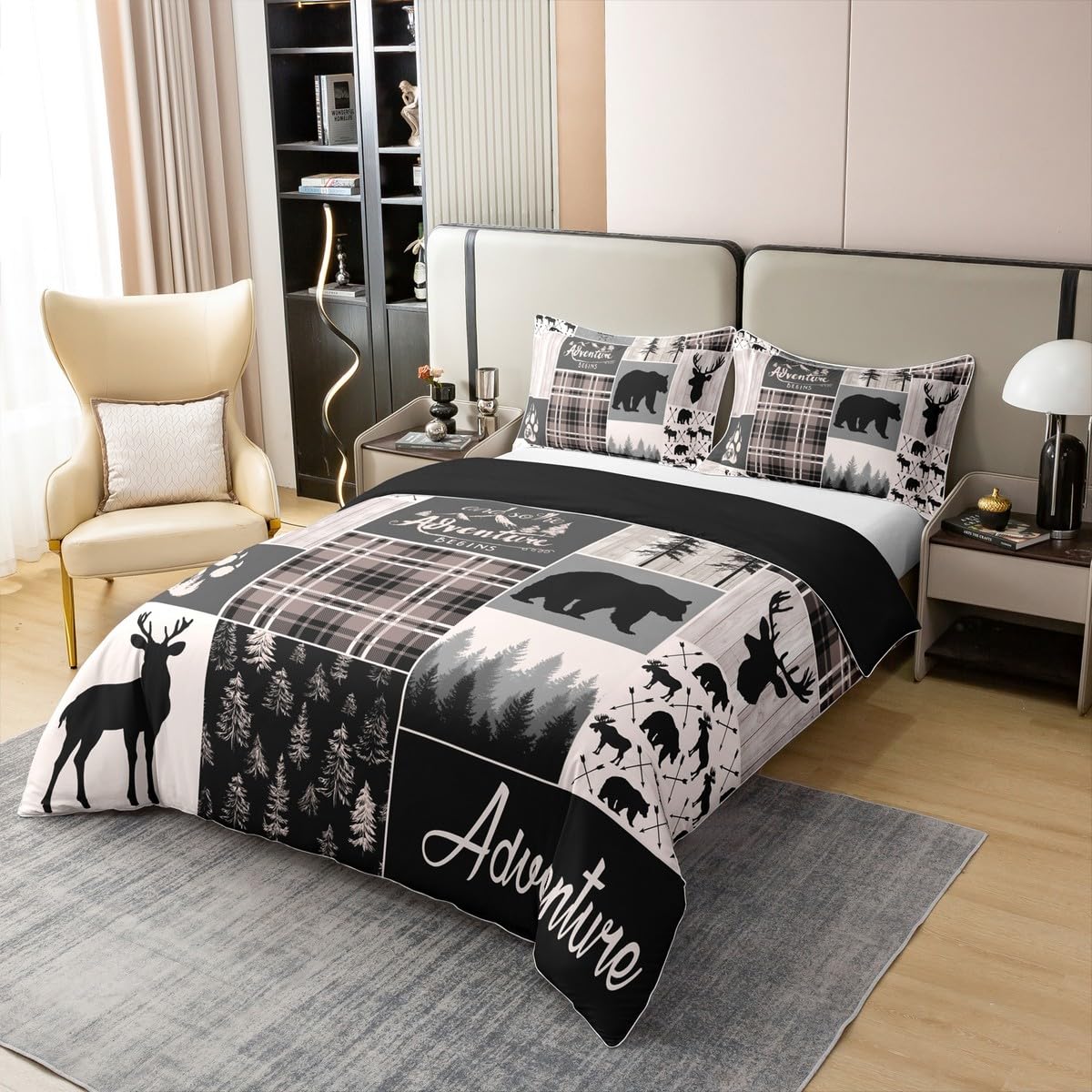 Erosebridal Hunting Bear Deer 100% Cotton Duvet Cover Queen Size for Kids Buffalo Patchwork Comforter Cover Rustic Farmhouse Claw Bedding Set for Boys Teens Men Bedroom Adventure Camping Bedclothes