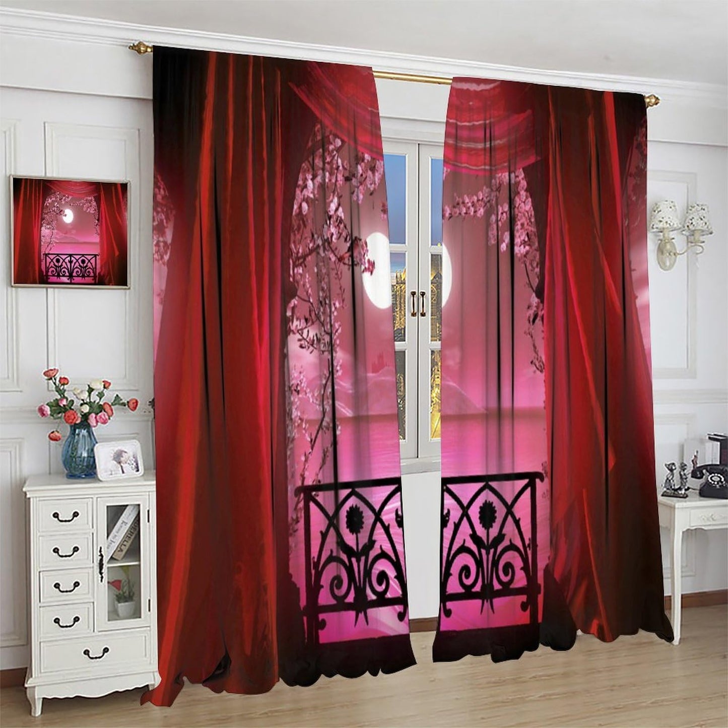 YCness Gothic Window Curtains, Retro Palace Architecture White Flowers Horror Atmosphere Calm Lake Scenery Window Treatments for Kitchen Bedroom Living Room 2 Panels Red Drapes 42x45 Inch