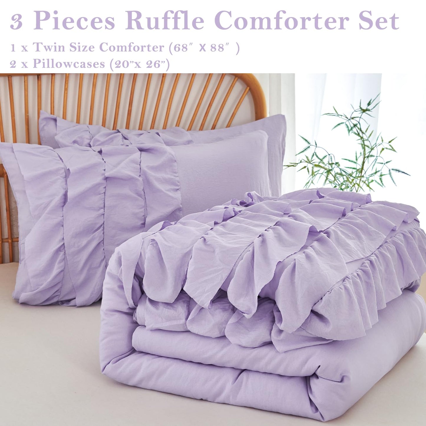 PERFEMET Lavender Purple Twin Bedding Sets for Girls 3 Pieces Multi Layers Ruffle Comforter Set Washed Microfiber Cute Princess Bedding Set Boho Bed Sets for Kids Teens Bedroom(Purple,Twin)