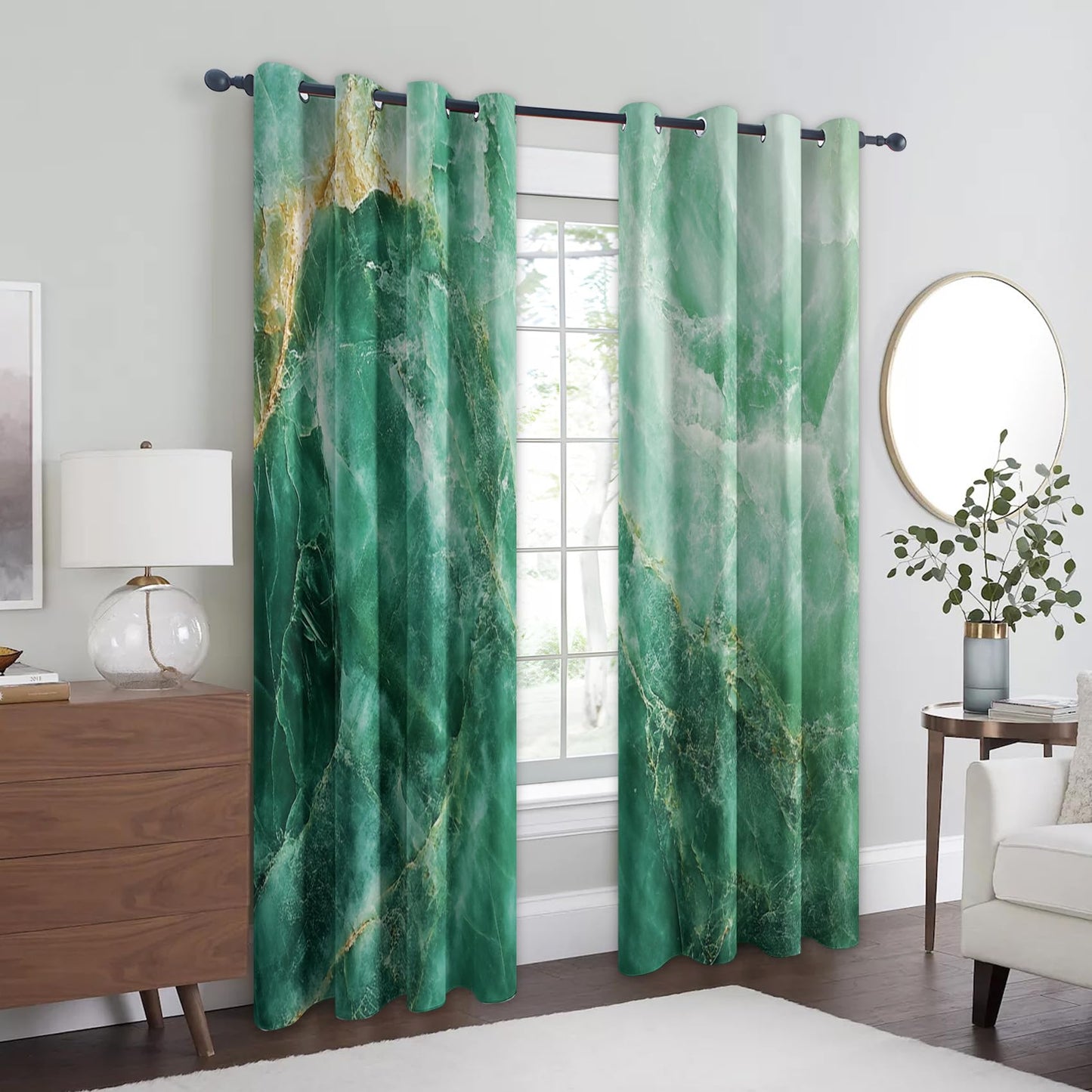 MOBEITI Green and Gold Marble Curtains - Abstract Window Curtains, Fluid Art Swirl Curtain for Bedroom Living Room, Marble Blackout Curtain 54 Inches Long, Home Decor Drapes 2 Panel Sets