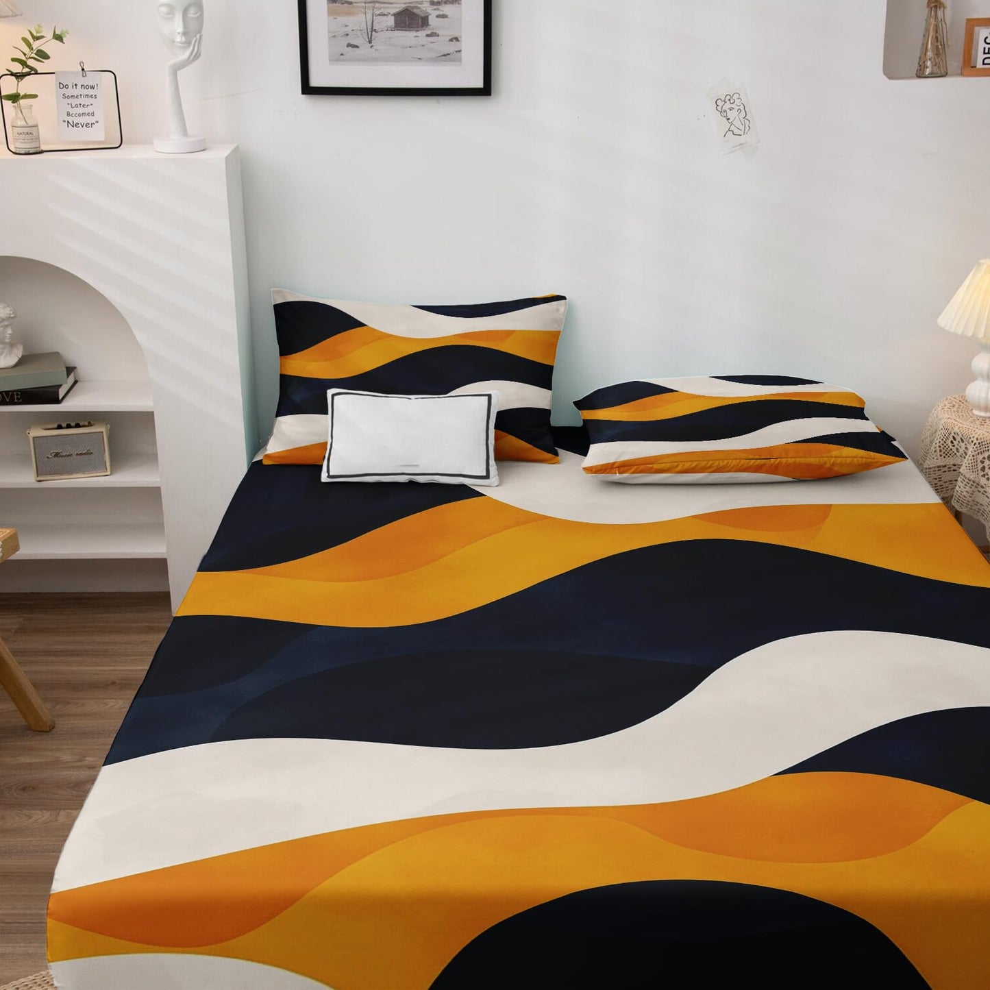 Striped Sheets California King Size, Abstract Bed Sheets, Patterned Bedding Sheets & Pillowcases 4 Piece Set - Soft Microfiber Deep Pocket Fitted Sheet & Flat Sheet & 2 Pillow Cases M&-A288