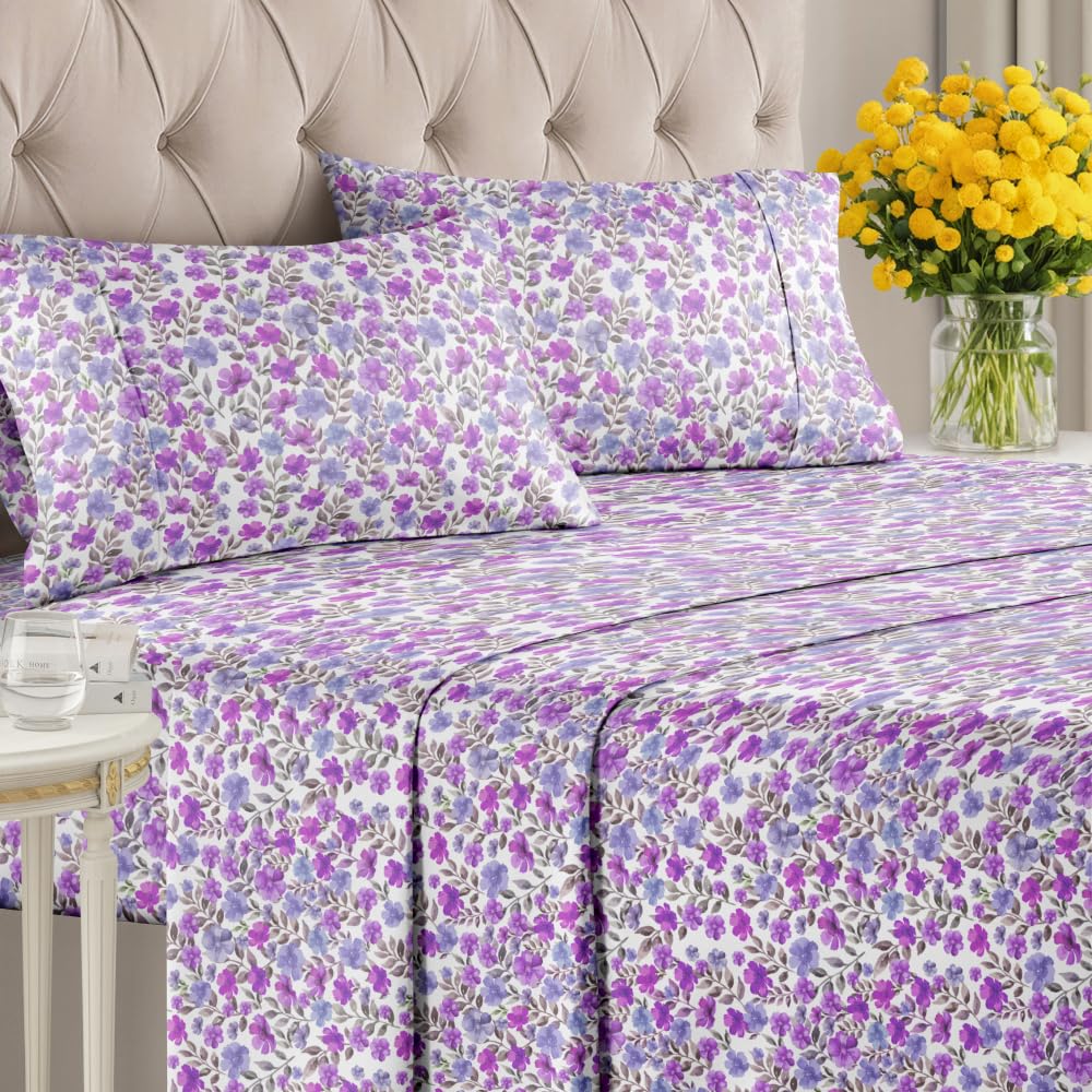 Floral Sheets - Purple Floral Bed Sheet Set - 1 Flat, 1 Fitted & 2 Pillowcases w/ Deep Pockets - Comfy, Wrinkle & Fade-Free Boho Botanical Bedding - Ultra-Soft, Breathable & Cooling - Full Size New