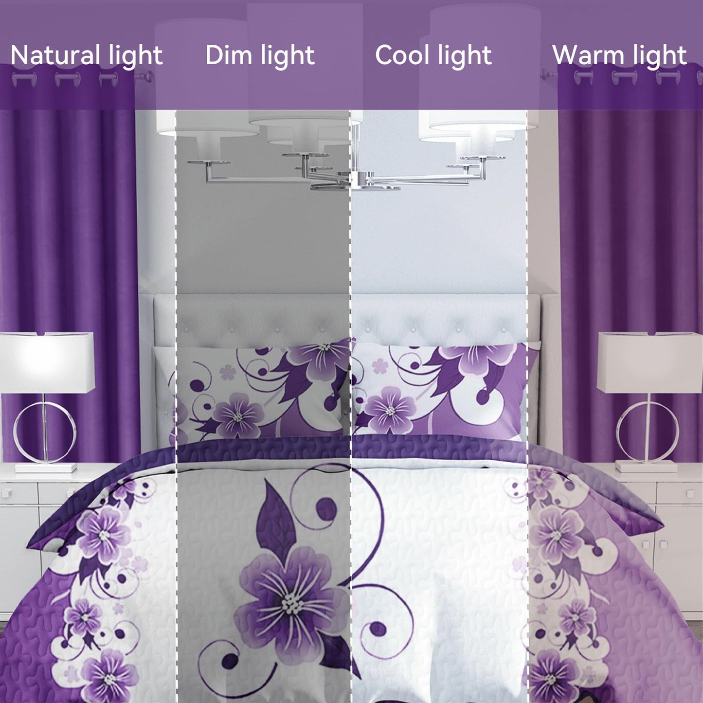 CozyCreatures Vintage Boho Purple White King Light Comforter Set, 9-Piece Bed in a Bag with Curtains, Brushed Microfiber Bedspread Set with Matching Curtains for Master Bedroom, Machine Washable