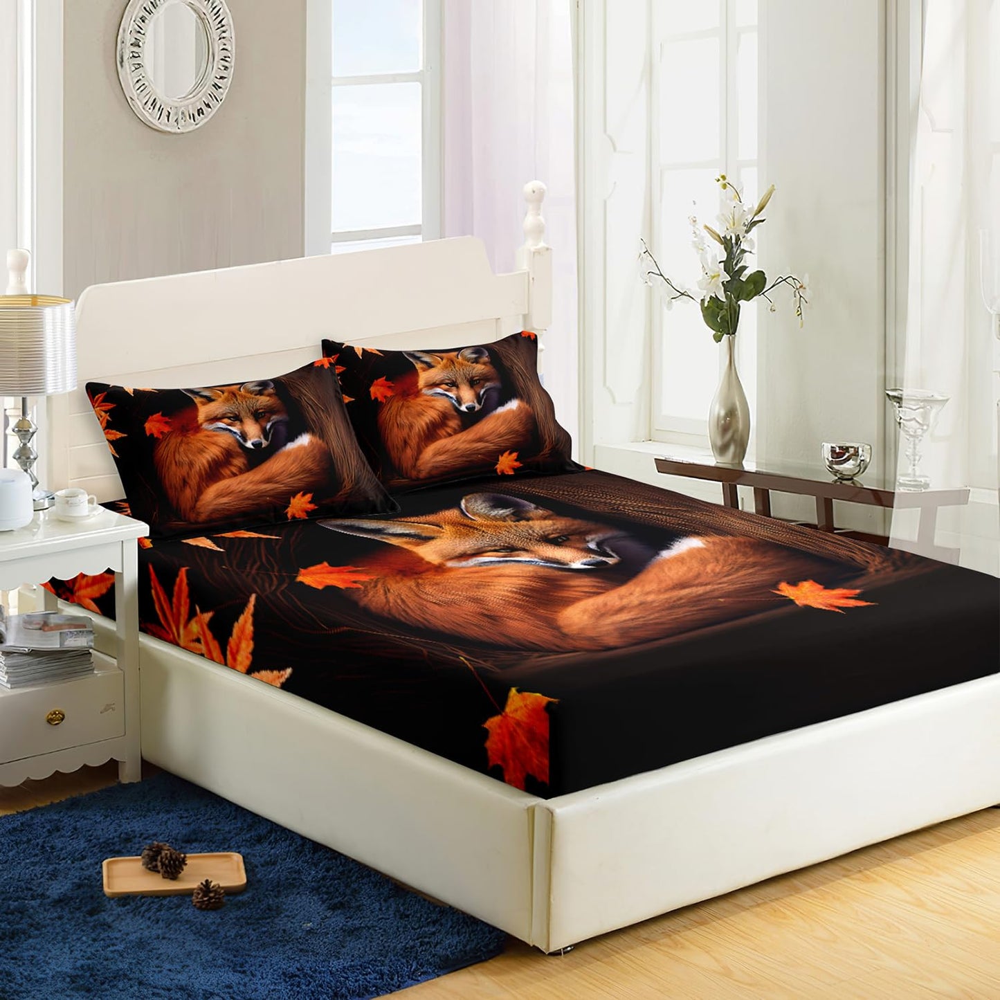 AILONEN Fox Fitted Sheet Set Twin Size, Autumn Maple Leaves Orange Animal Bed Sheet Set,Cartoon Fox Sheets Set for Kids Boys Girls,3 Pieces, 1 Fitted Sheet and 2 Pillowcases