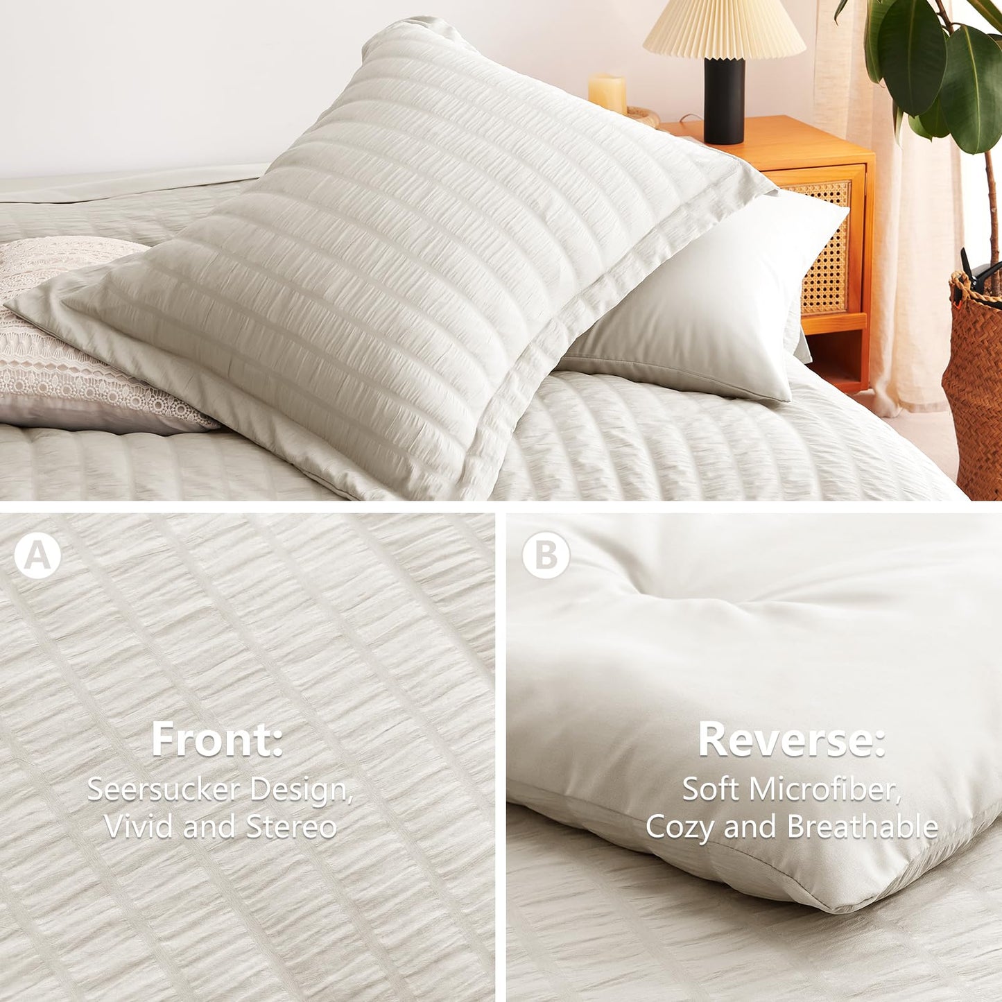 CozyLux Queen Comforter Set Beige, 7 Pieces Seersucker Textured Luxury Bed in a Bag Queen, All Seasons Soft Bedding Sets with Down Alternative Comforter, Sheets, Pillowcases & Shams, Home Gift